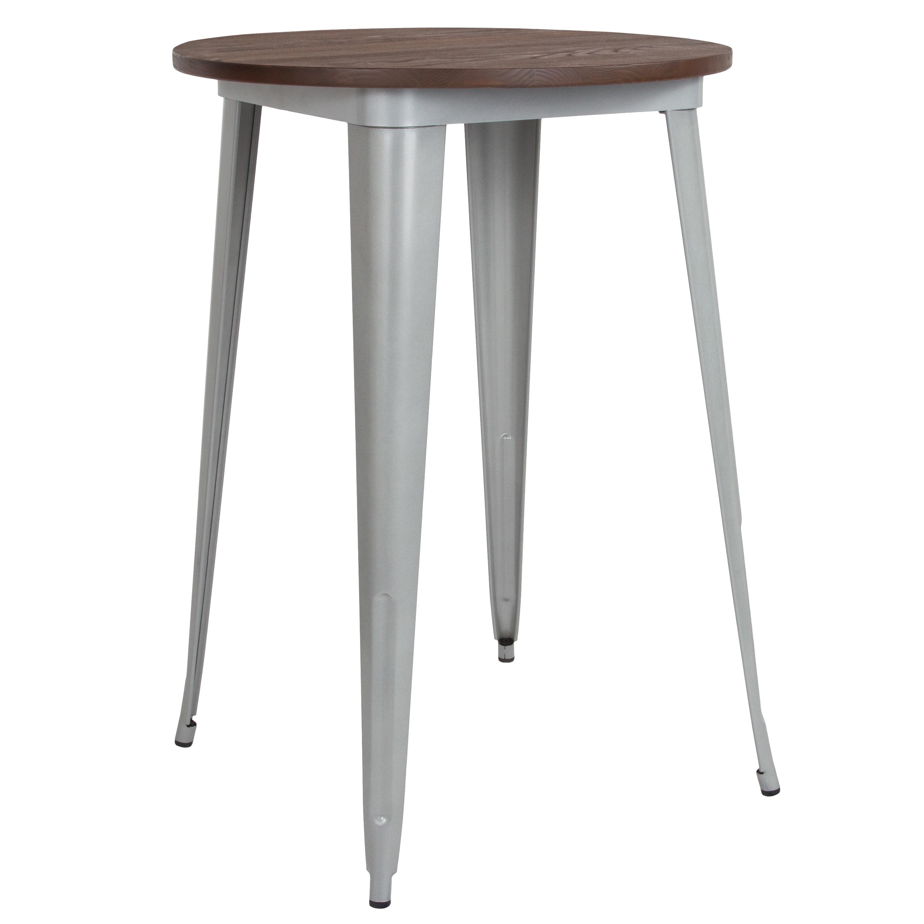 Flash Furniture 30" Round Silver Metal Indoor Bar Height Table with Walnut Rustic Wood Top