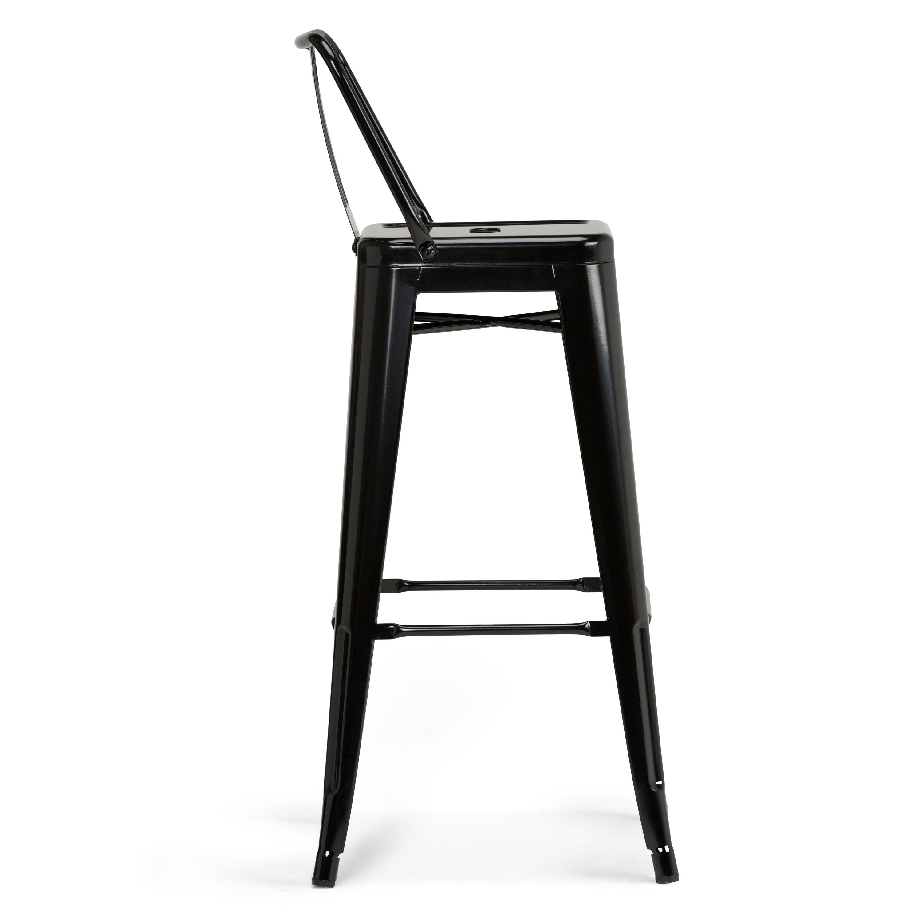 Simpli Home Rayne Metal Industrial Stool with Curved Back, Cross-Brace, and Footrest