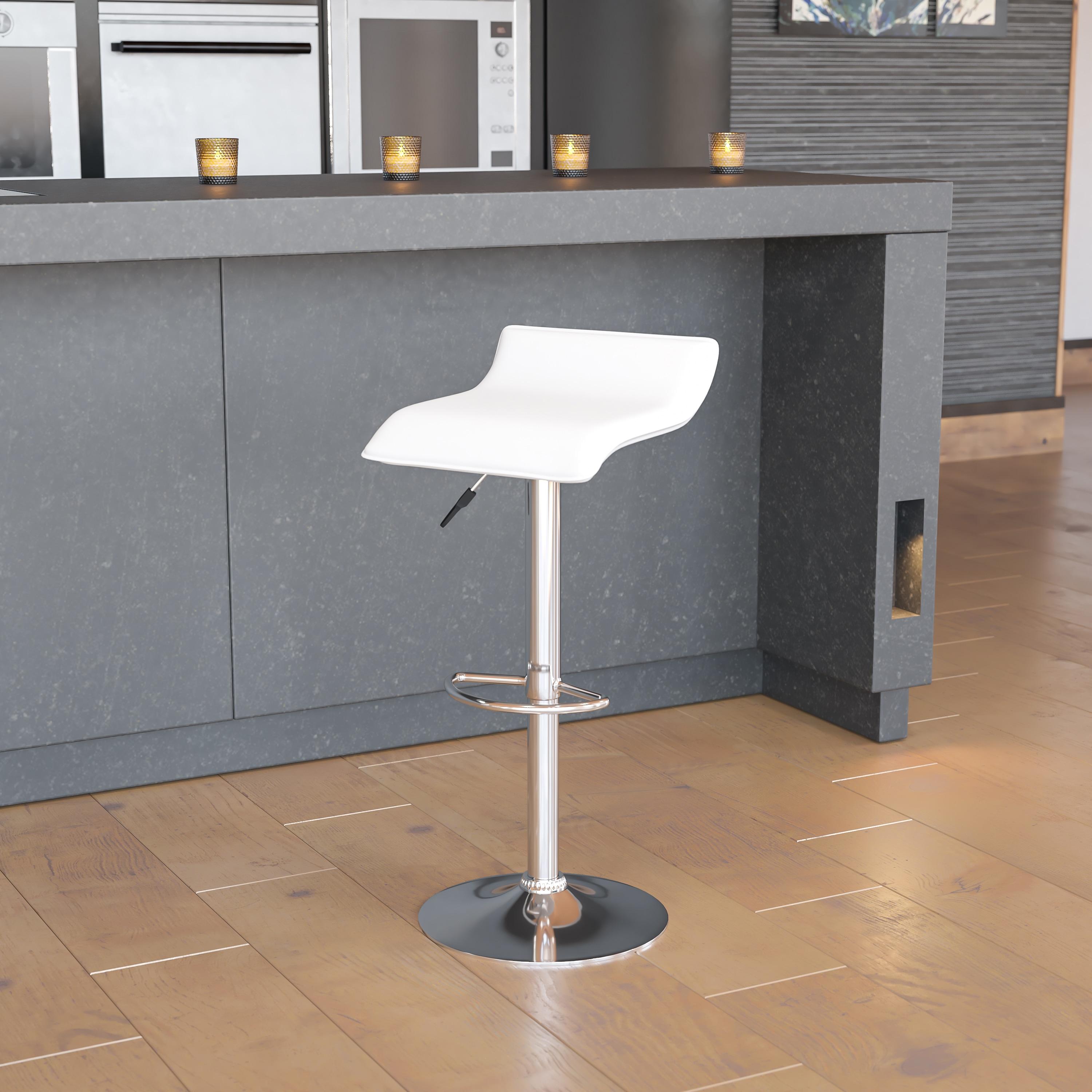 Flash Furniture Contemporary White Vinyl Adjustable Height Barstool with Solid Wave Seat and Chrome Base