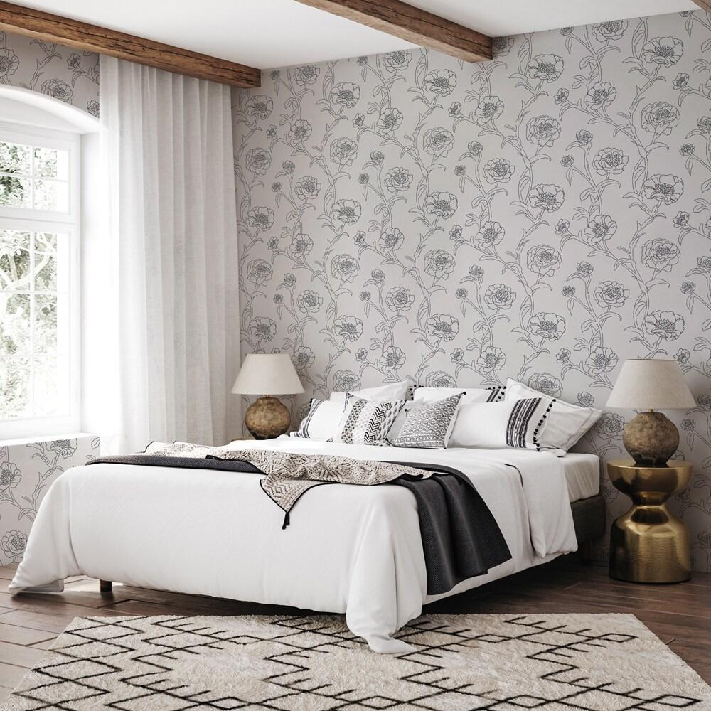 Tempaper & Co. Peonies Removable Peel and Stick Wallpaper, Black and White Floral, 56 sq. ft.: Vinyl Self-Adhesive Botanical Decor