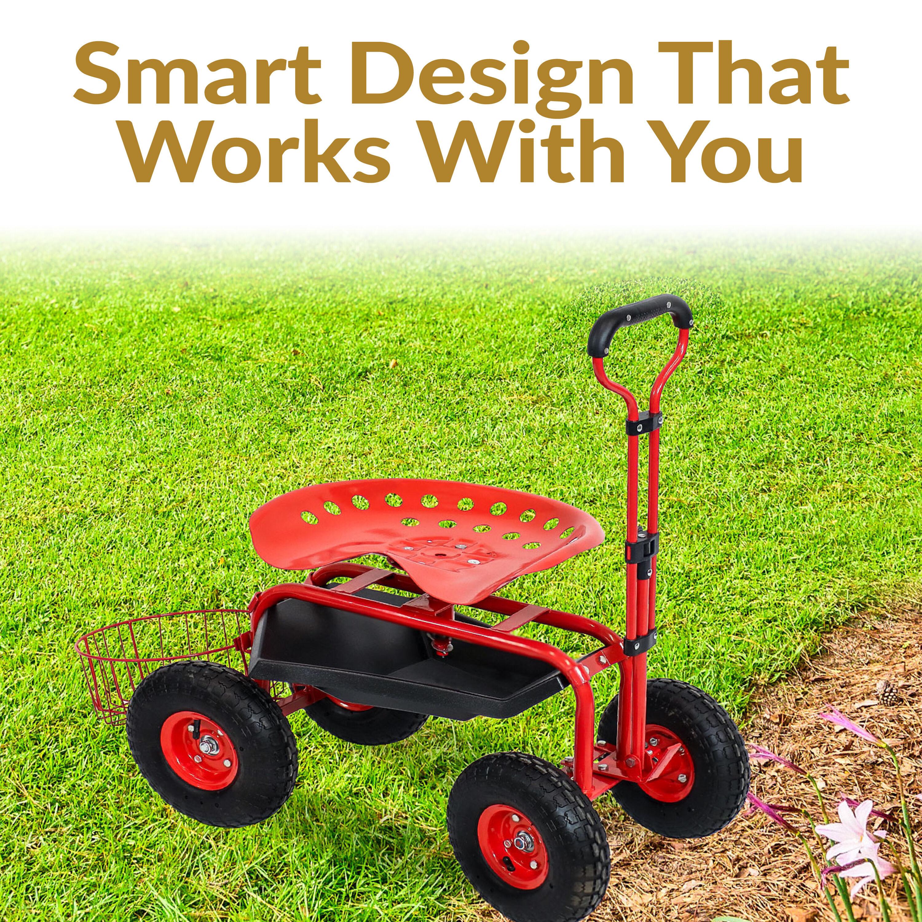 SunnyDaze Decor Steel Steering Handle Swivel Seat & Basket Garden Cart
