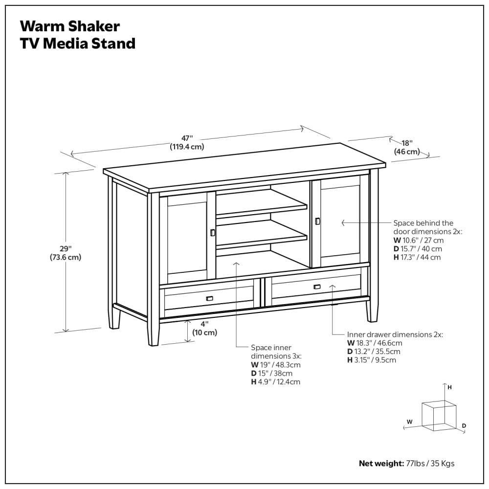 Simpli Home Warm Shaker 47"W Solid Wood TV Stand for TVs up to 55" with 2 Storage Cabinets and 2 Drawers
