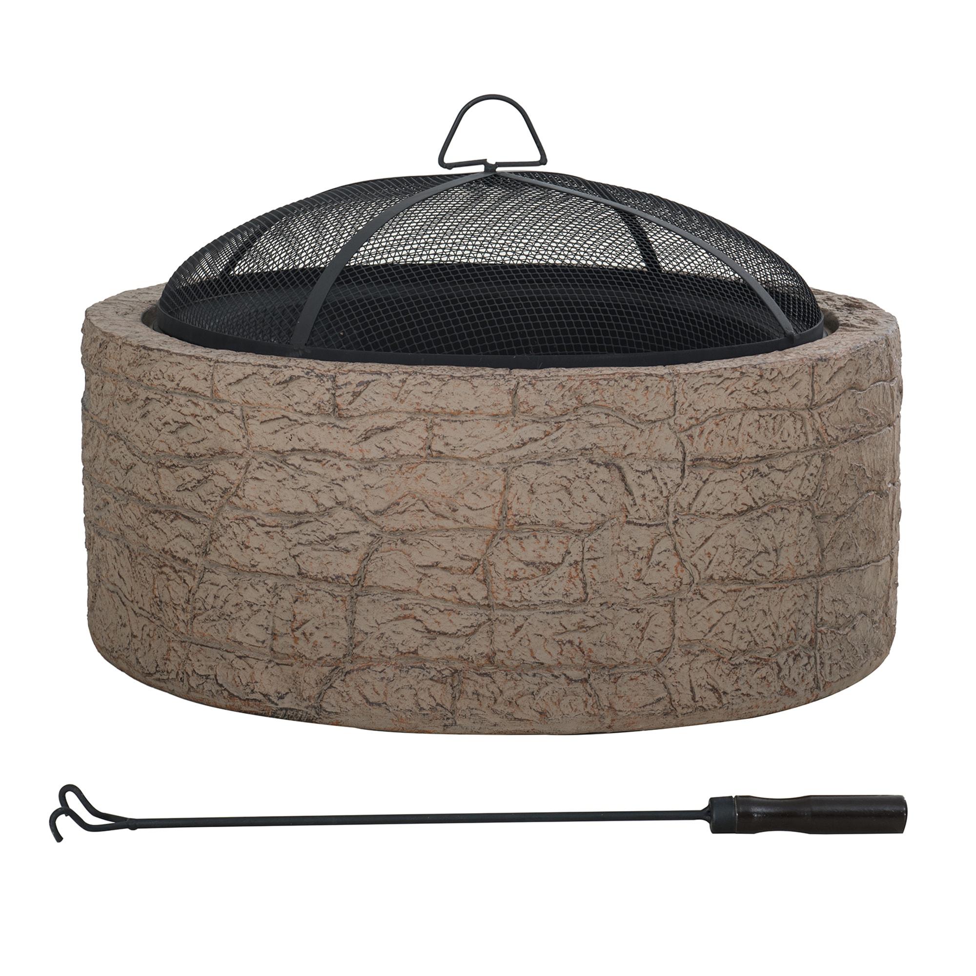 Sunjoy Stone Fire Pit 26 Inch, Outdoor Round Wood Burning Fire Pits with Spark Screen and Poker  Tan