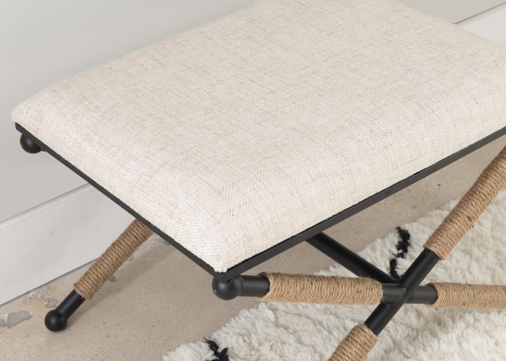 24" Ashburn Boho Rope Wrapped Campaign Accent Stool Ottoman Buff Beige Linen - Linon: Vanity, Bedroom Bench