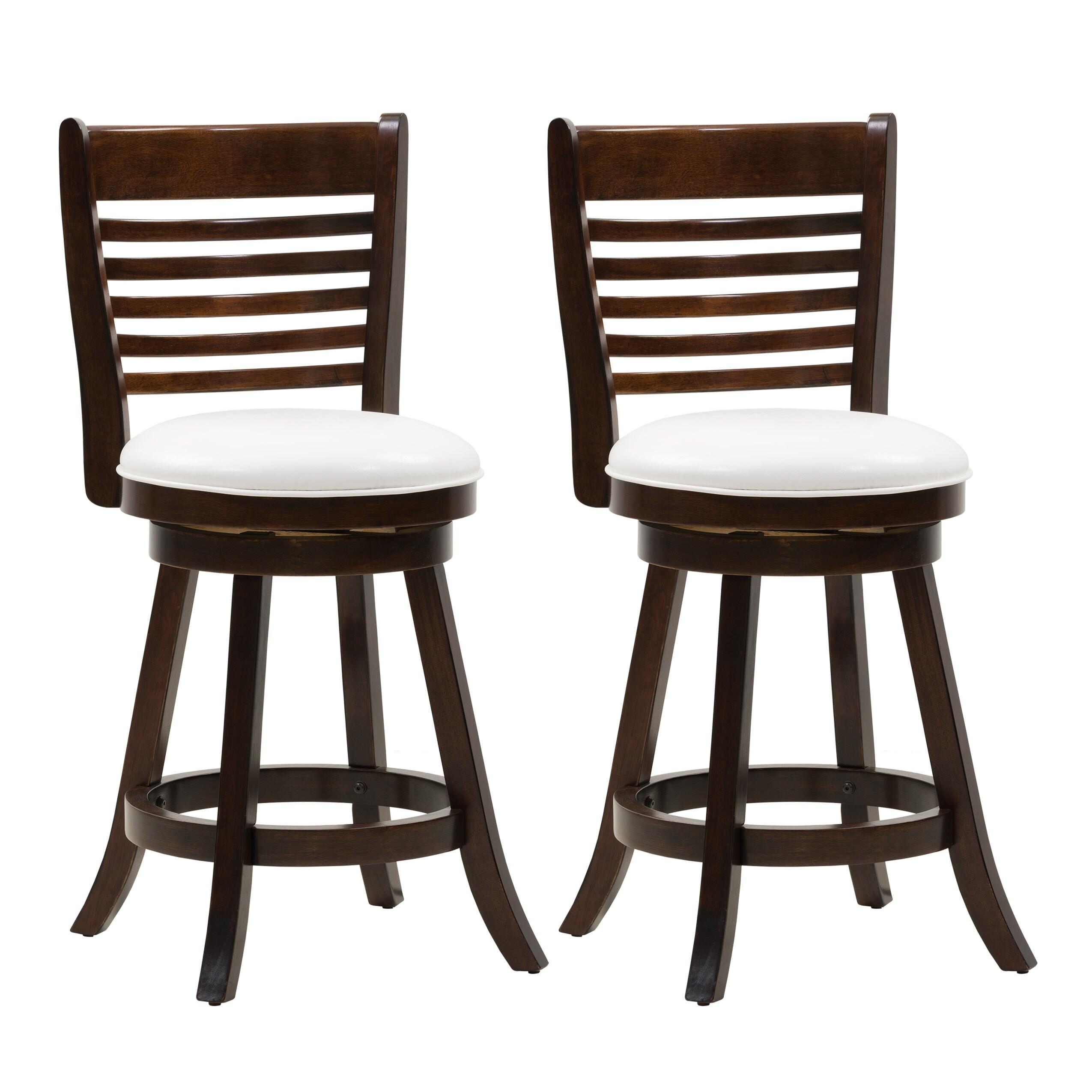 Set of 2 Woodgrove Counter Height Barstools with Slat Backrest Dark Cappuccino White - CorLiving: Faux Leather, Swivels, Rubberwood Legs