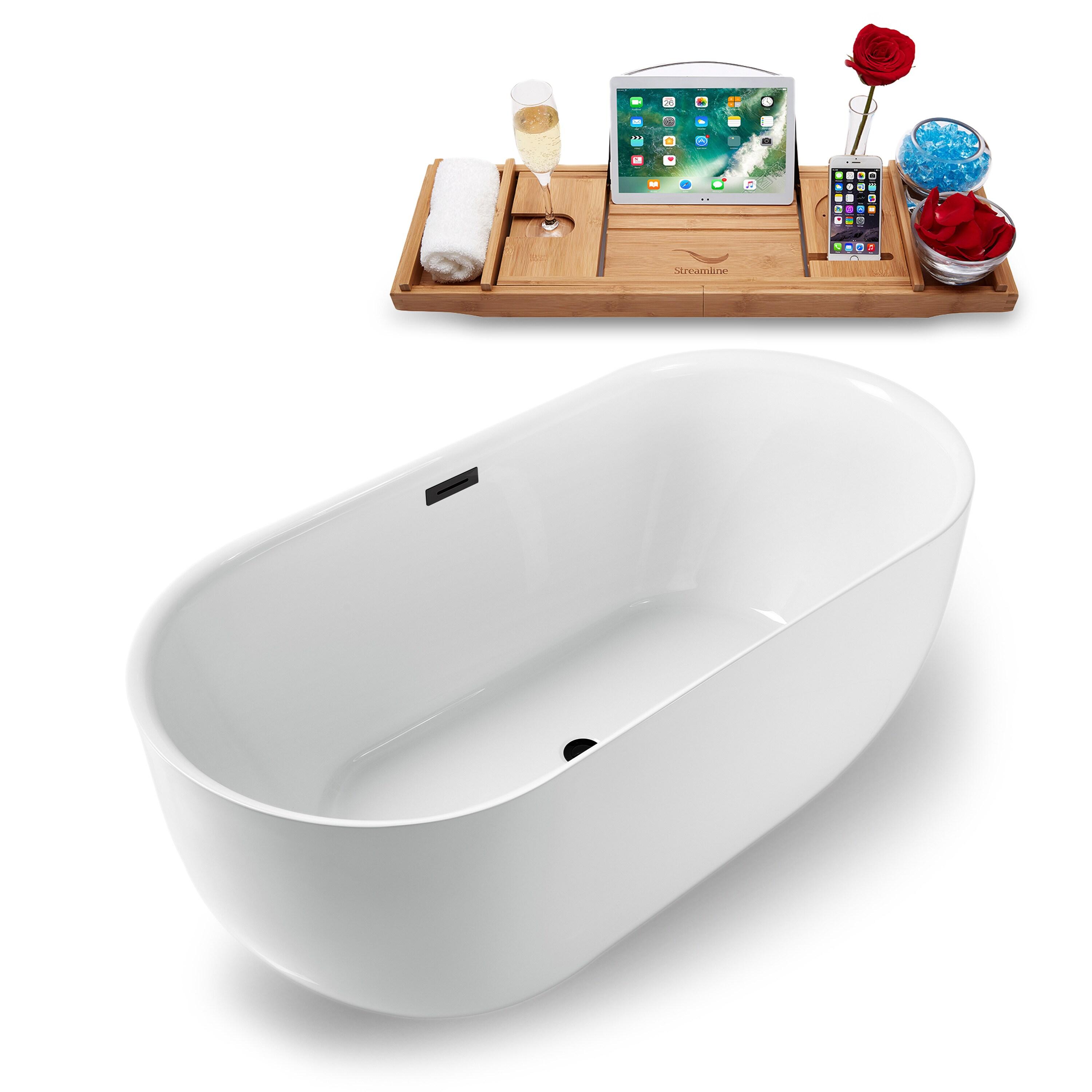 Streamline Bath 59" Streamline Freestanding Soaking Acrylic Bathtub With Drain and Bamboo Tray N1241BGM