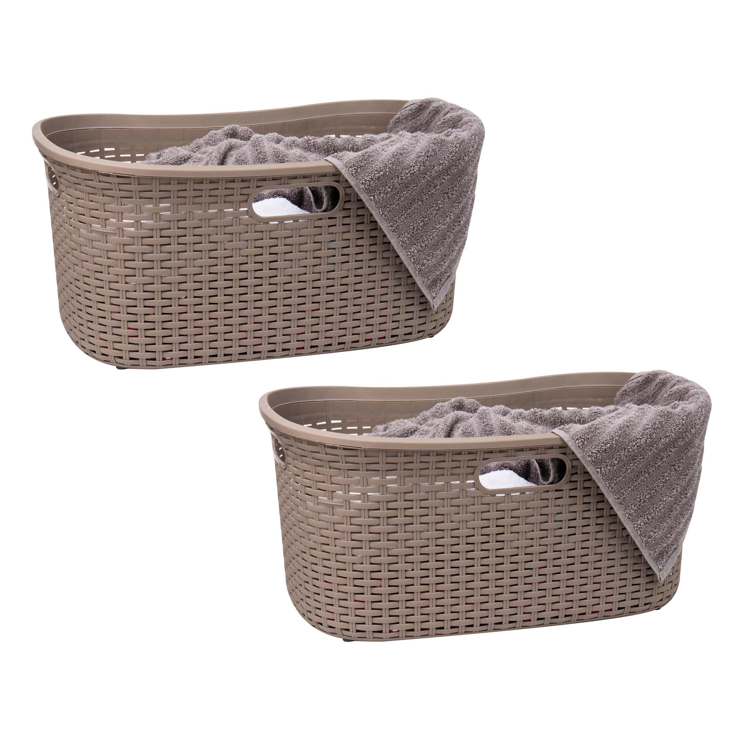Mind Reader 40L Laundry Basket, Clothes Hamper, Lid, Wicker Design, Plastic, 23"L x 14.5"W x 11"H, Set of 2, Tan