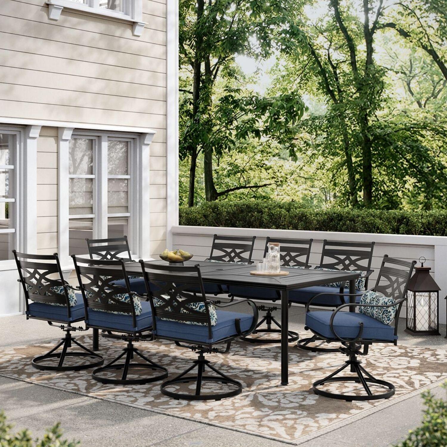 Hanover Montclair 9-Piece All-Weather Outdoor Patio Dining Set, 8 Swivel Rocker Chairs with Comfortable Seat and Lumbar Cushions, 84"x42" Stamped Rectangle Table, MCLRDN9PCSW8-NVY