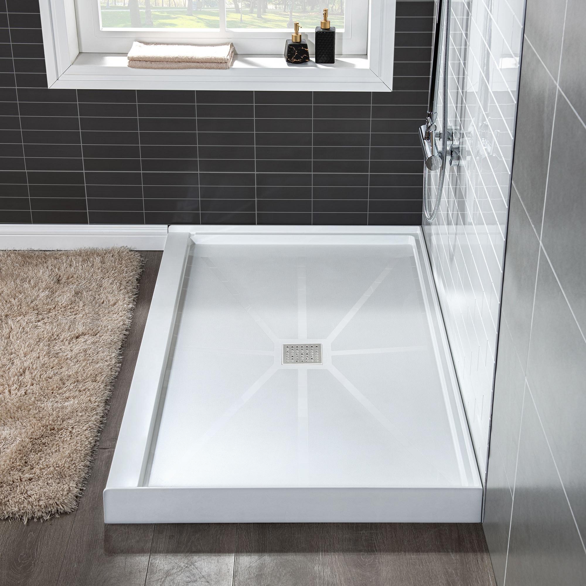 48" W x 36" Solid Surface Single Threshold Shower Pan Base with Drain Assembly & Drain Cover Included, Non-Slip
