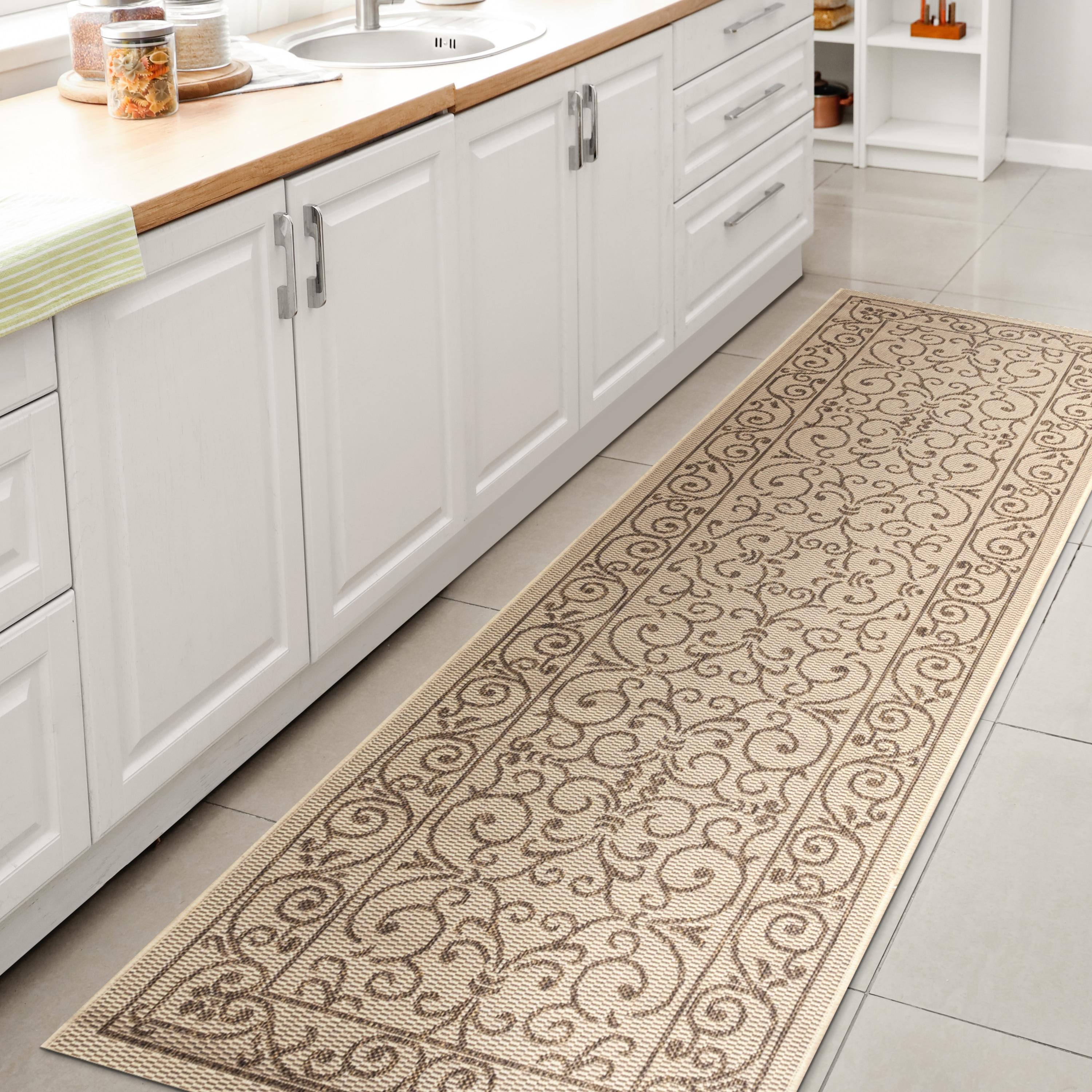 2' X 10' Charleston Vintage Filigree Textured Weave Indoor/Outdoor Runner Rug, Beige/Brown - JONATHAN Y