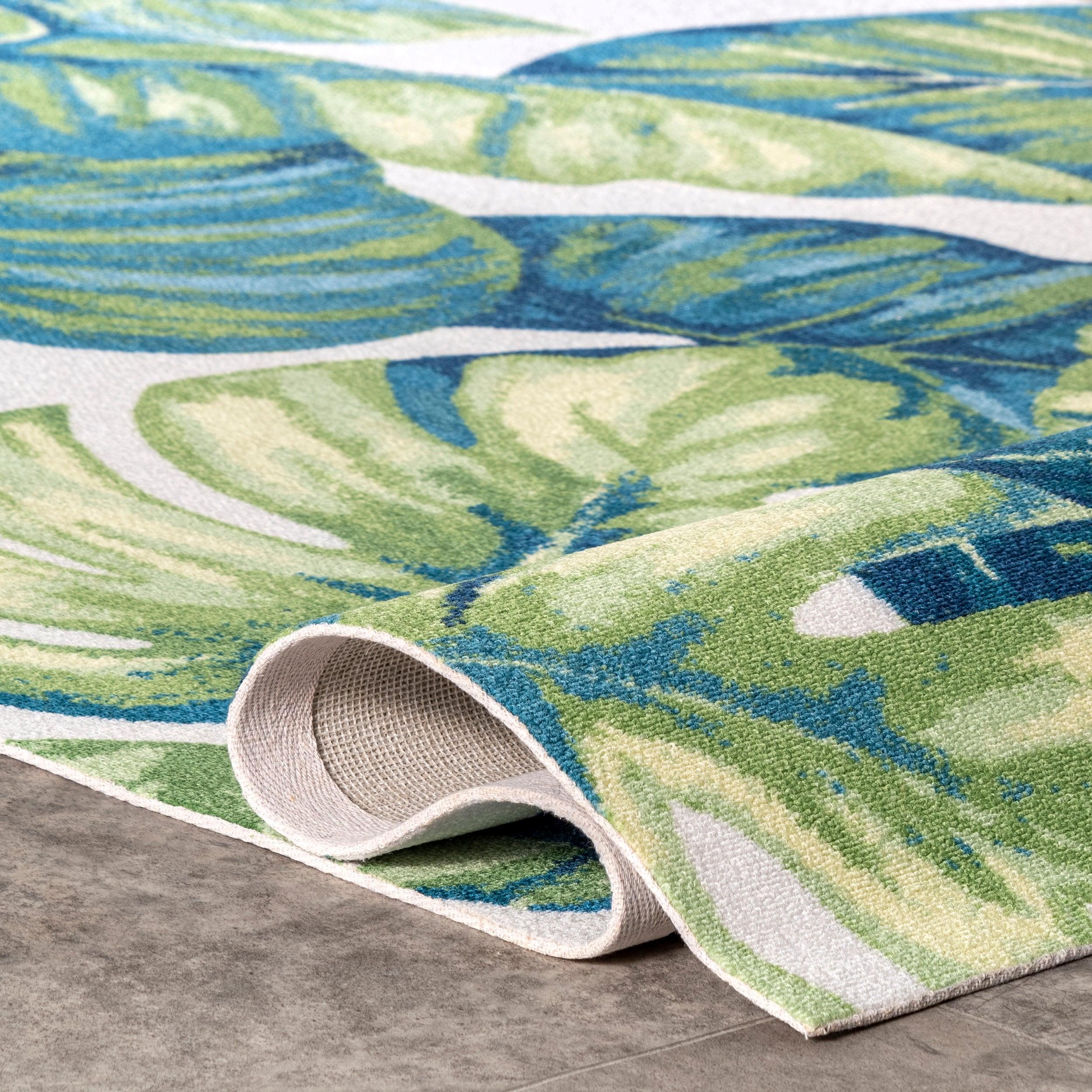 Tropical Leaf Design Reversible Indoor/Outdoor Blue Runner Rug, 2'6" x 10'