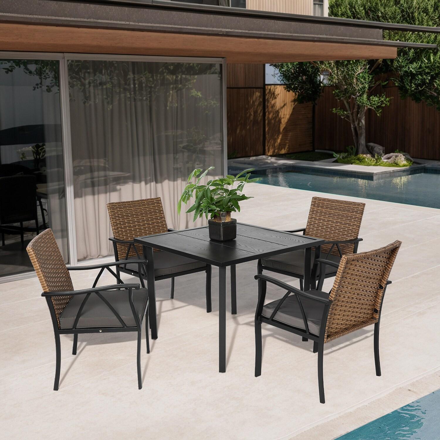 howcoolmall 5 Piece Patio Dining Set for 4, 4 Chairs with Cushions and 1 Square Table with 1.75” Umbrella Hole Outdoor Furniture Set, Black and Brown