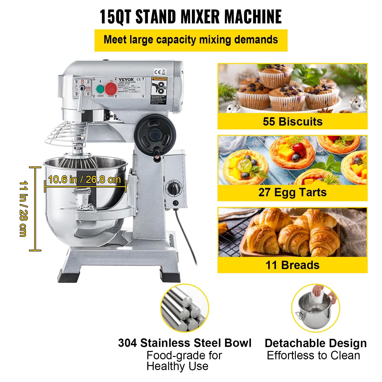 VEVOR 15-Quart Silver Stainless Steel Commercial Stand Mixer