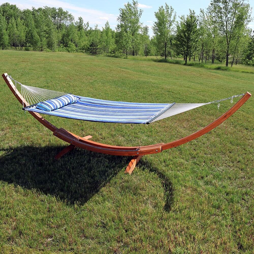 Sunnydaze Quilted Double Fabric 2-Person Hammock with Curved Arc Wood Stand - 400 lb Weight Capacity/13' Stand - Catalina Beach