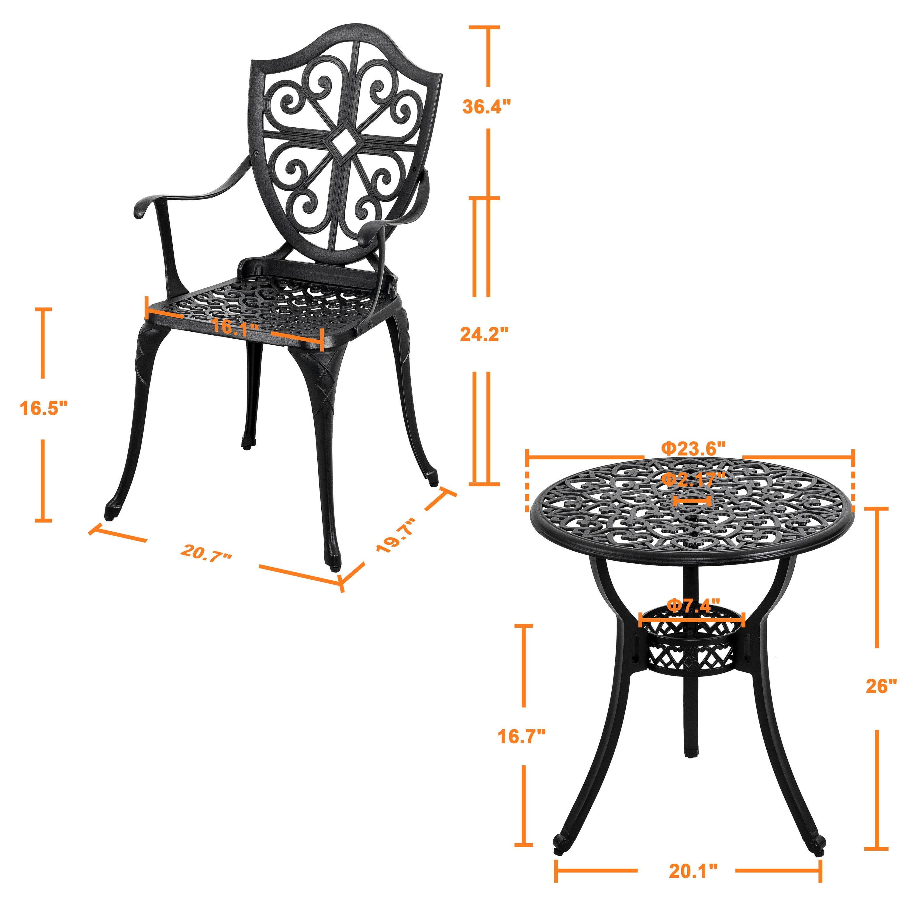 Black Cast Aluminum 3-Piece Outdoor Bistro Set with Floral Design