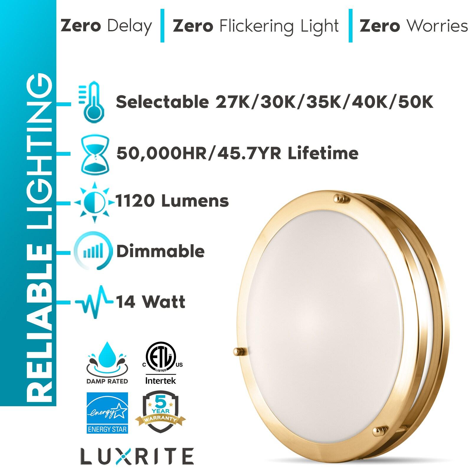 Luxrite 12 Inch LED Flush Mount Ceiling Light 5 Color Selectable Dimmable 14W 1120 Lumens ETL Listed Brushed Brass
