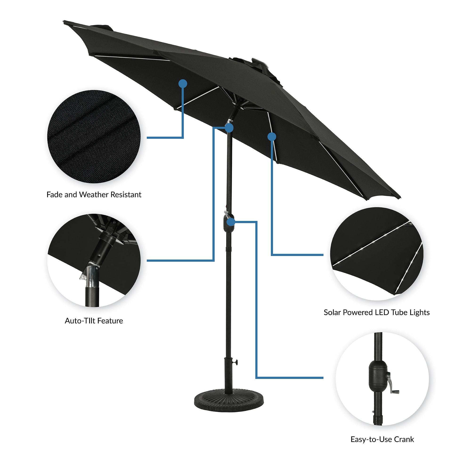 9' x 9' Mirage II Fiesta Market Patio Umbrella with Solar LED Tube Lights Black - Island Umbrella: Weatherproof, UV Protection, Crank Lift