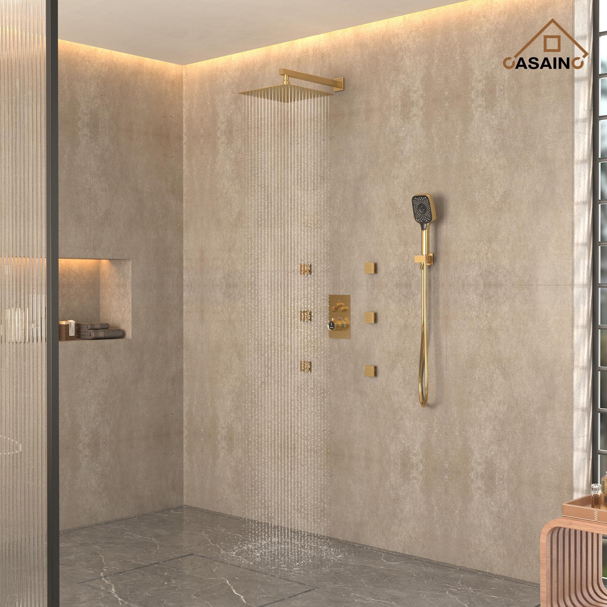 Revitalize 3-Function 12 Inch Wall Mount Rainfall Thermostatic Shower System with 6 Body Jets