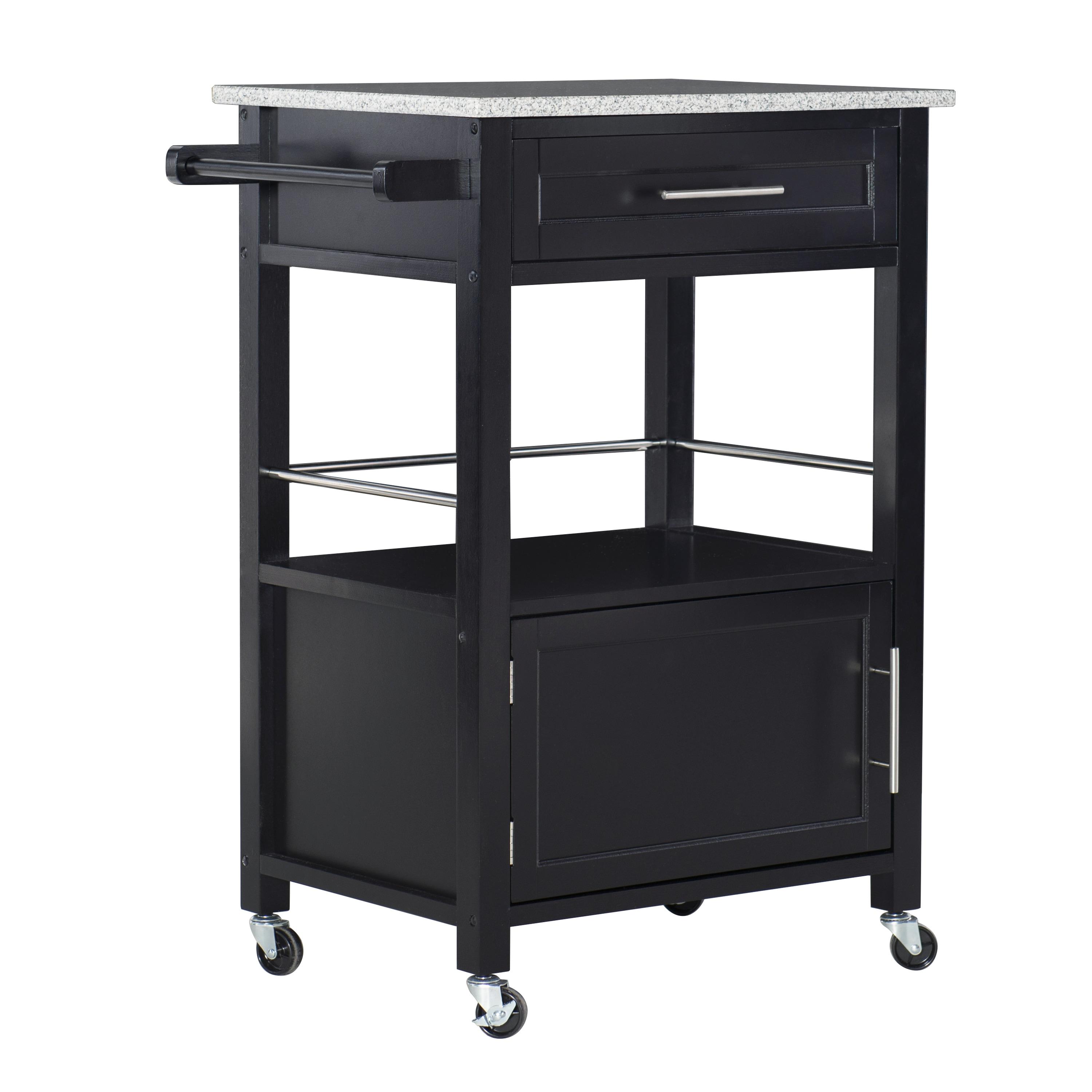 Mitchell Black Wood Granite Top Kitchen Cart: Storage, Towel Bar, Locking Casters - Linon