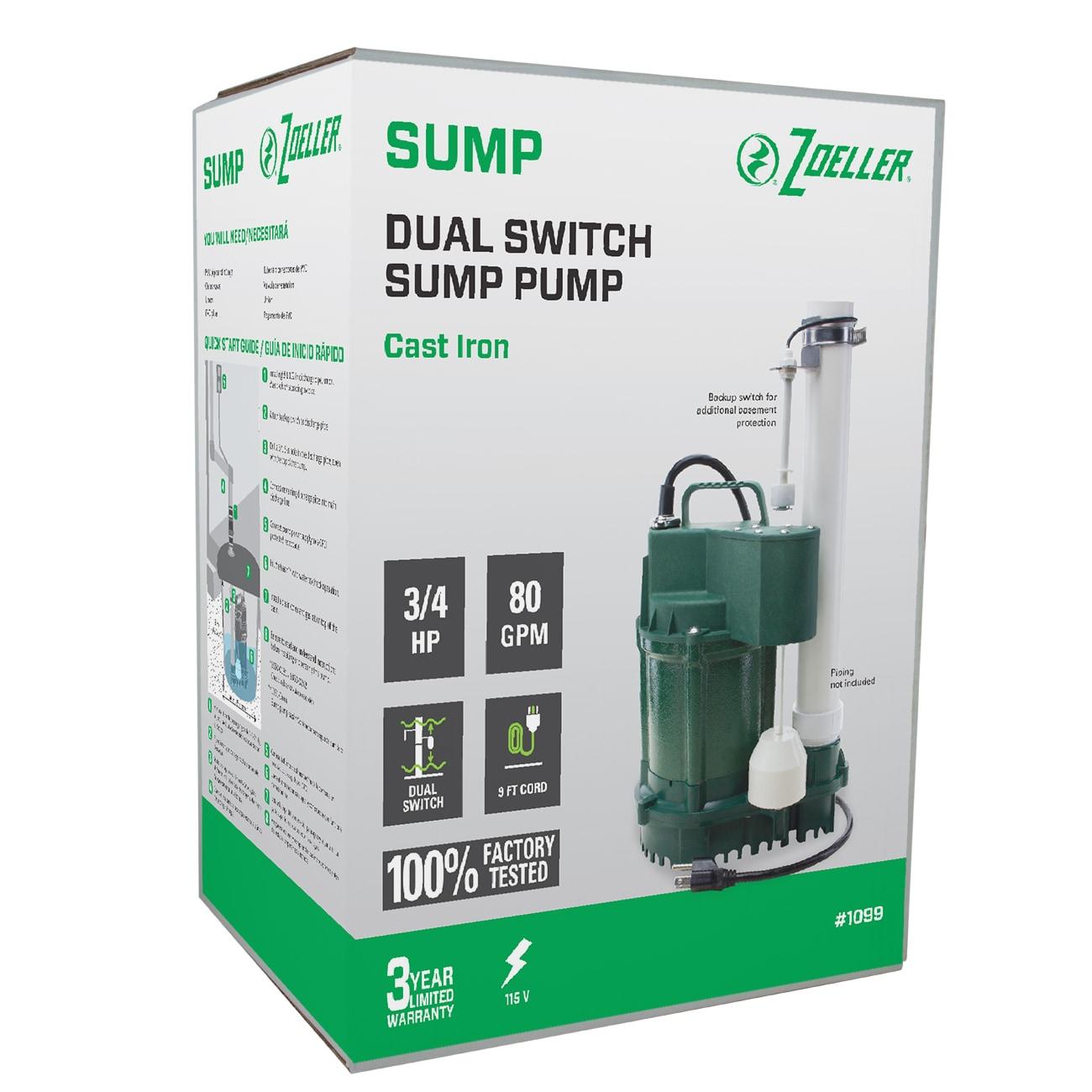 Zoeller 4012572 0.75 HP 80 gph Cast Iron Vertical Float Switch AC Submersible Sump Pump