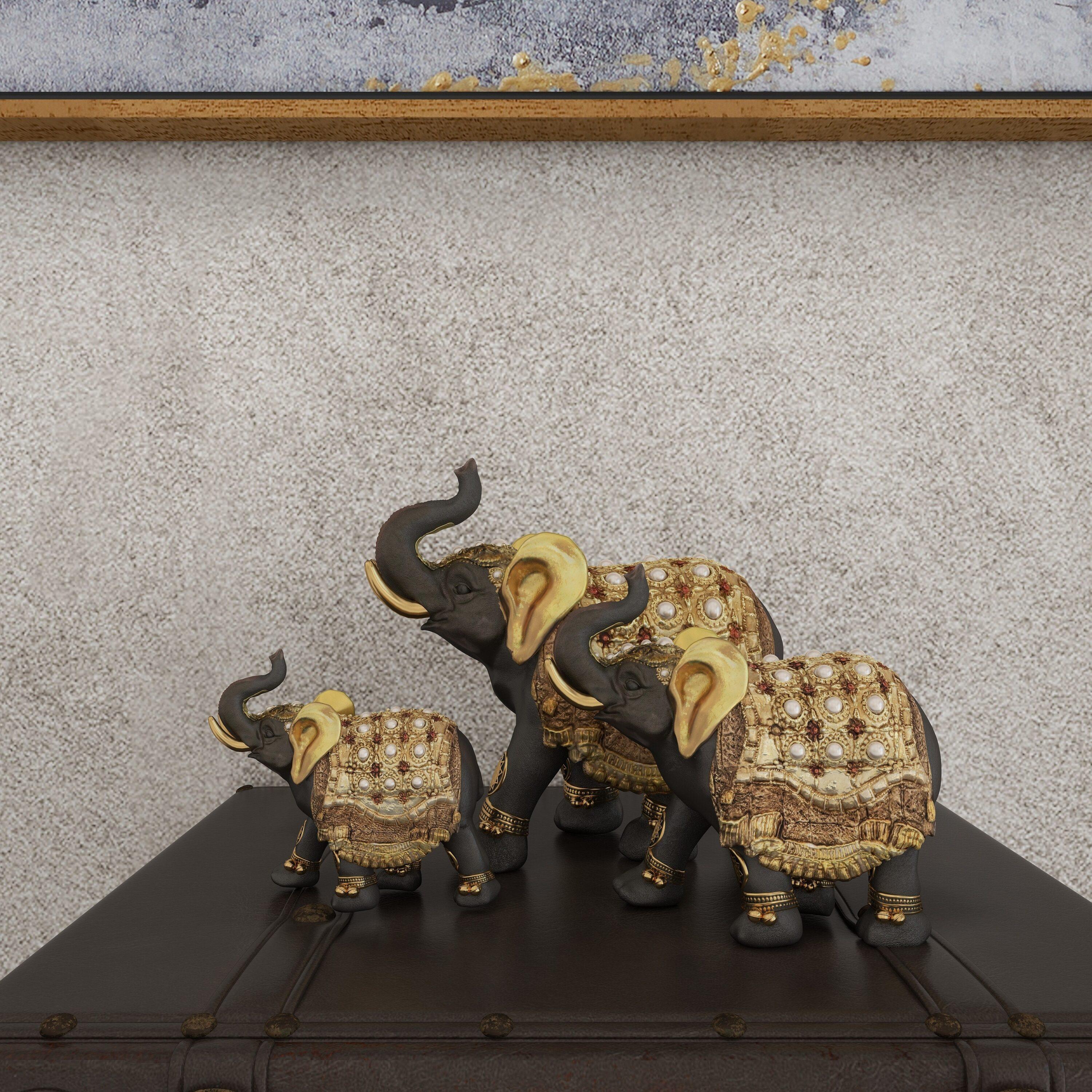 World Menagerie Alfhild Polystone Handmade Decorated Elephant Gold Sculpture with Ornate Dresswear and Pearl Accents Set