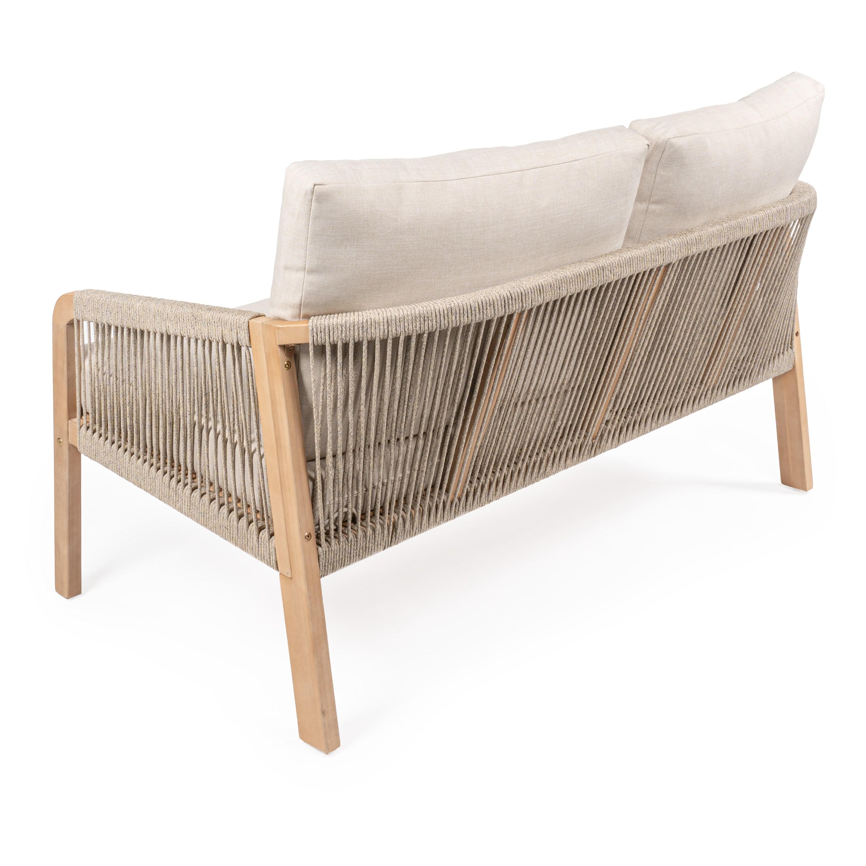 Arwen Modern Bohemian Roped Acacia Wood Outdoor Loveseat with Cushions, Beige/Light Teak - JONATHAN Y