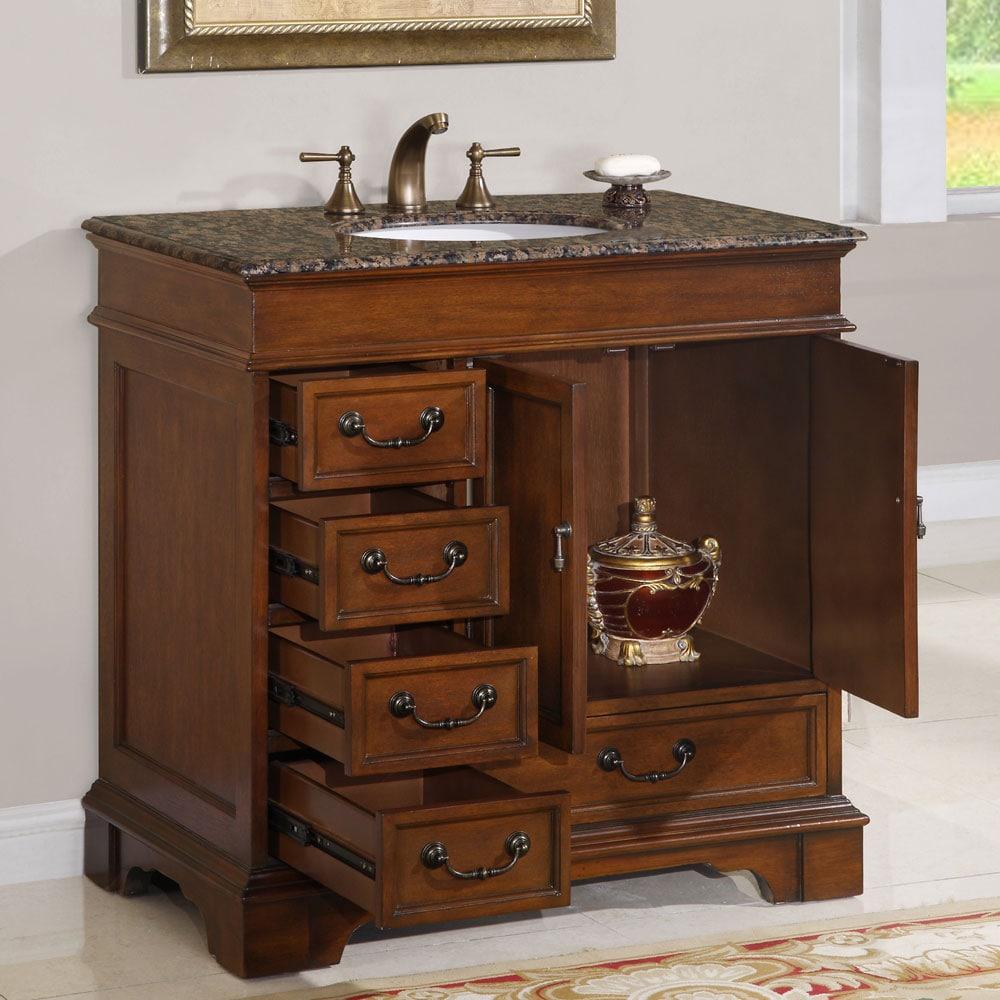 Silkroad Exclusive Transitional Baltic Brown Granite Bathroom Vanity- Single Sink - 36 in. Wide