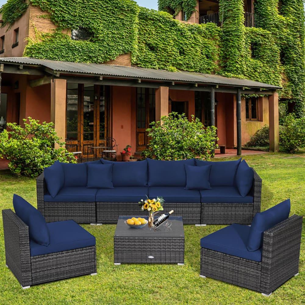 Costway 7PCS Patio Rattan Furniture Set Sectional Sofa Cushioned Garden Navy