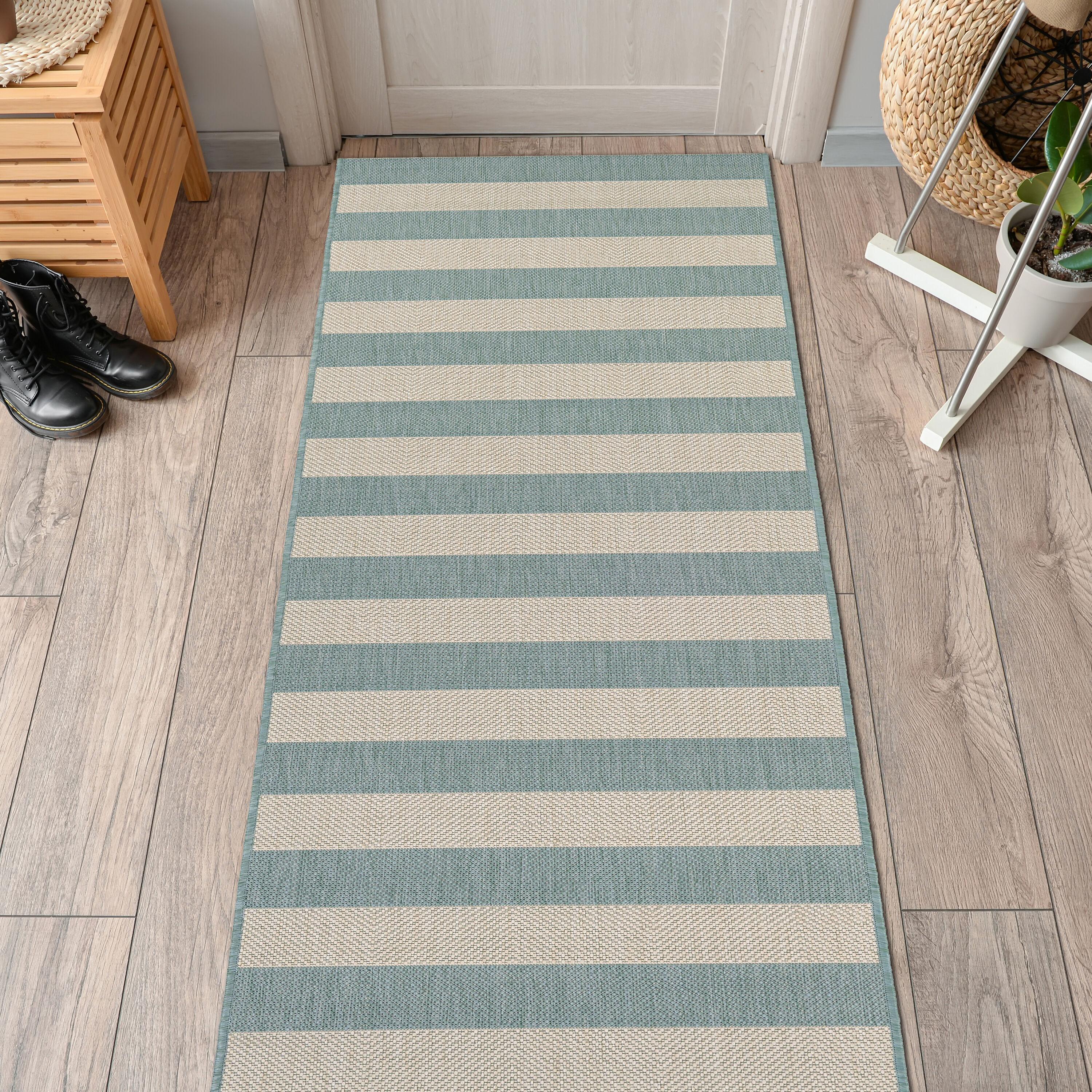 Couristan Afuera Yacht Club 2'2" x 11'9" Sea Mist Green and Ivory Stripe Outdoor Runner Rug