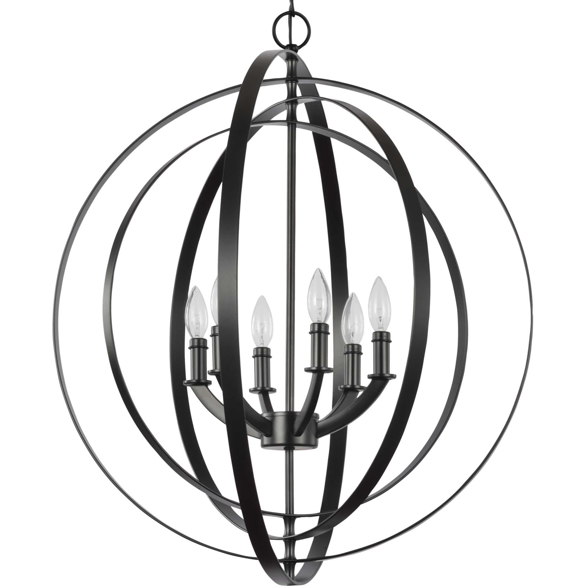 Progress Lighting Equinox 6-Light Chandelier Pendant, Steel, Black Finish, Armillary Sphere Design, Polished Chrome Shade