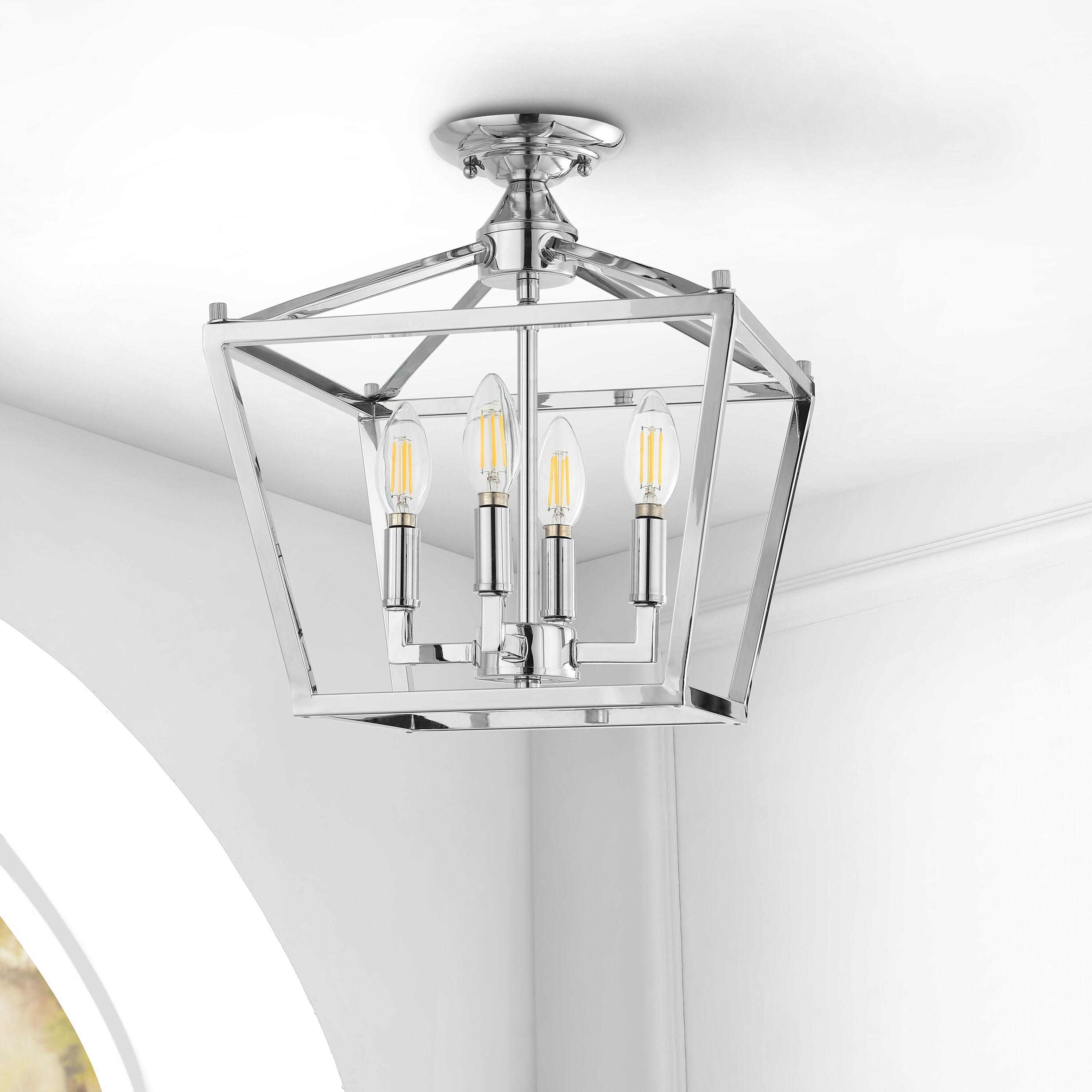 Plains Mini Lantern 12 in. 4-Light Chrome Iron Modern Farmhouse LED Flush Mount