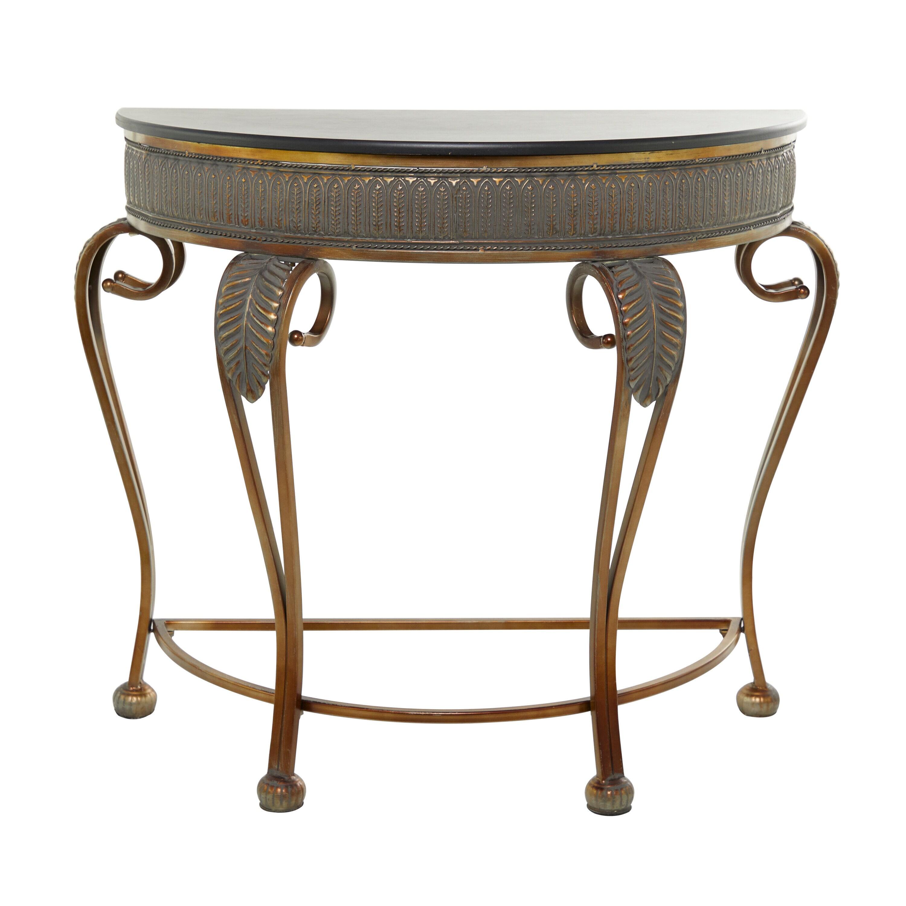 Allura Metal Embossed Leaf Console Table with Ornate Scroll Legs