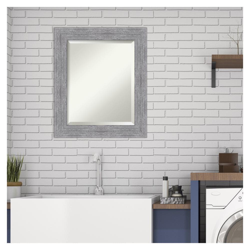 Amanti Art Beveled Bathroom Wall Mirror - Bark Rustic Char Frame Bark Rustic Grey Outer Size: 21 x 25 in Silver, Brown, Grey
