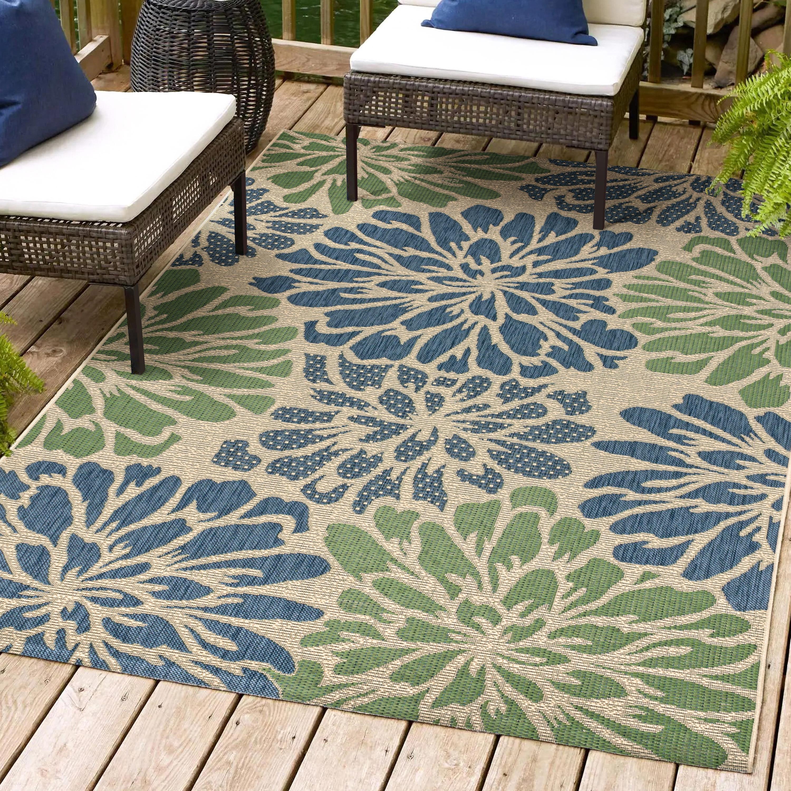 9' X 12' Zinnia Modern Floral Textured Weave Indoor/Outdoor Area Rug, Navy/Green - JONATHAN Y