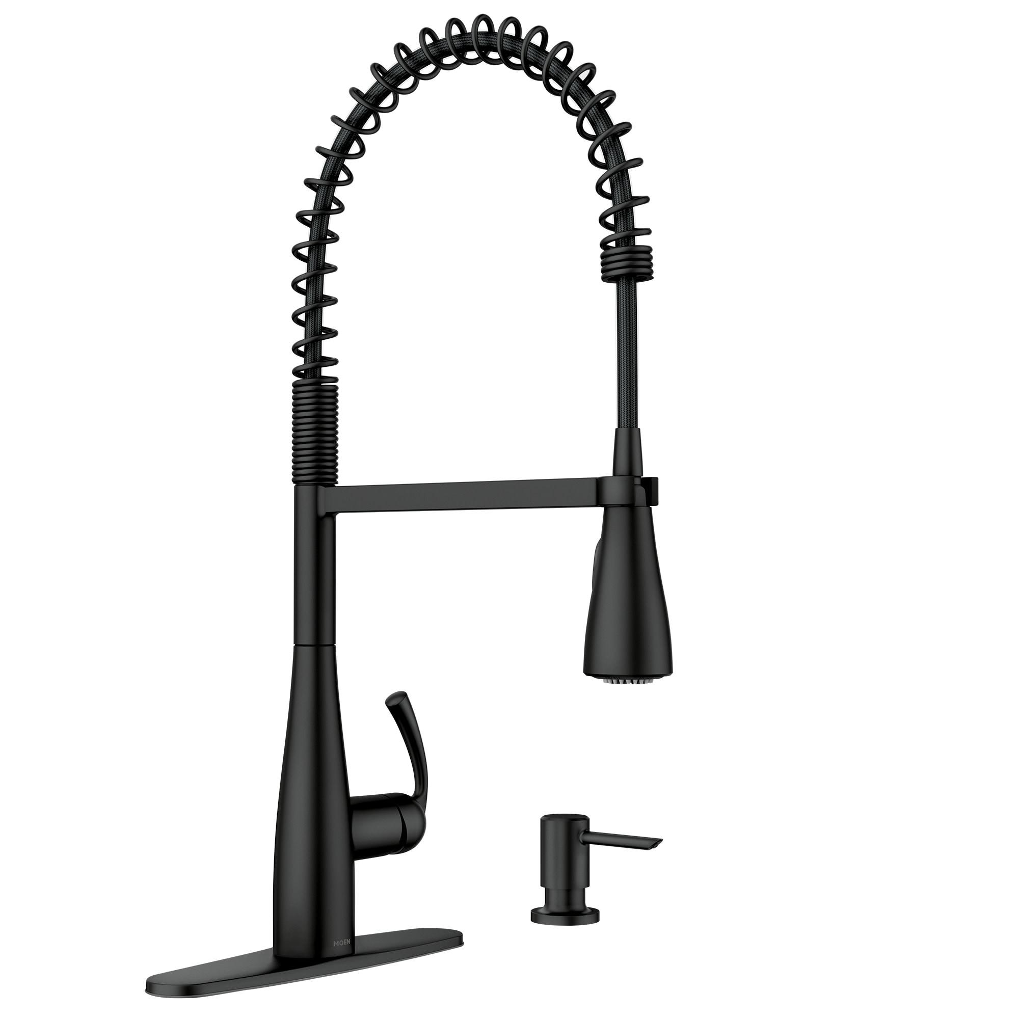 Moen Essie Pre-Rinse Spring Pull Down Single Handle Kitchen Faucet with Power Clean Technology and Soap Dispenser