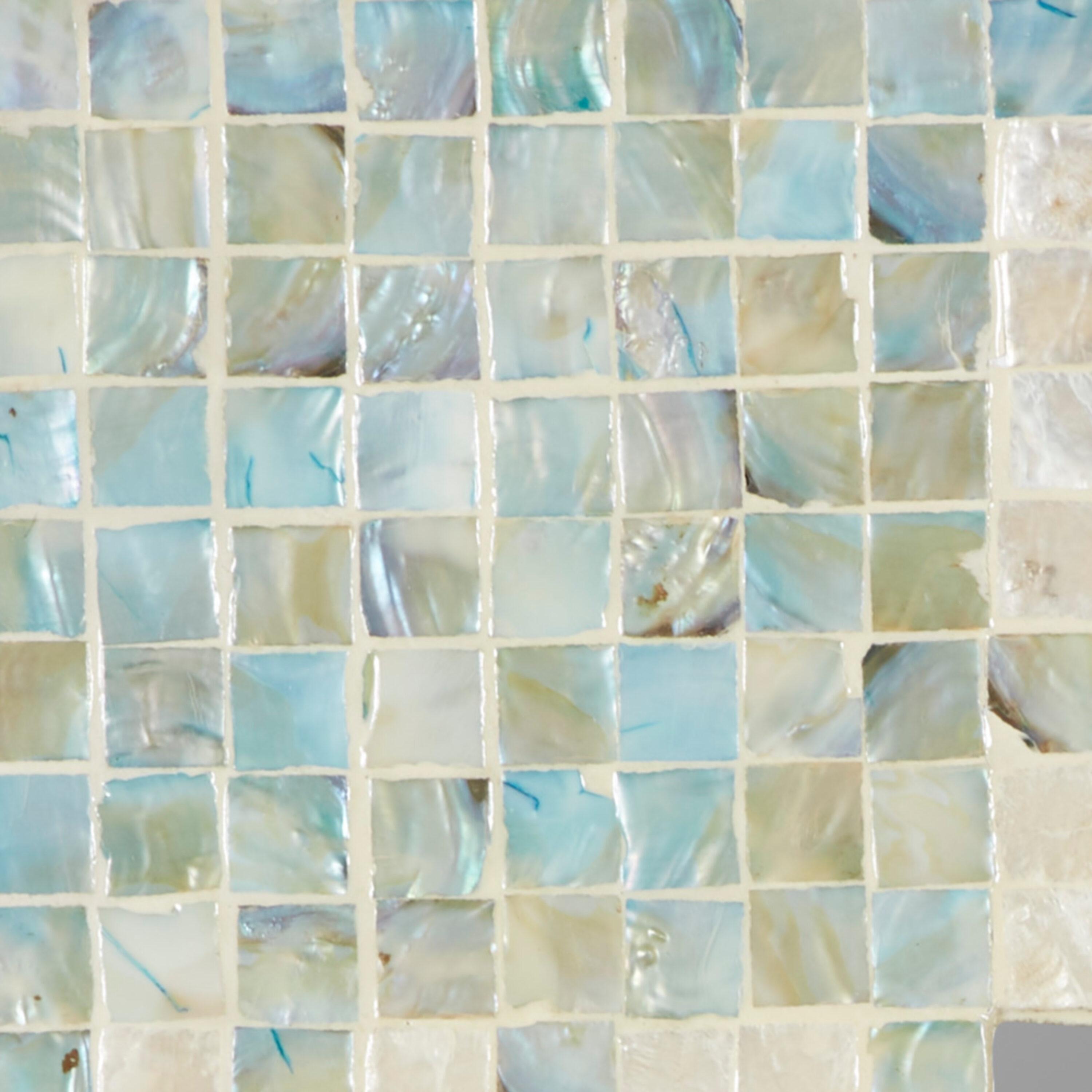 DecMode 24" x 36" Cream Handmade Mosaic Wall Mirror with Blue Corners