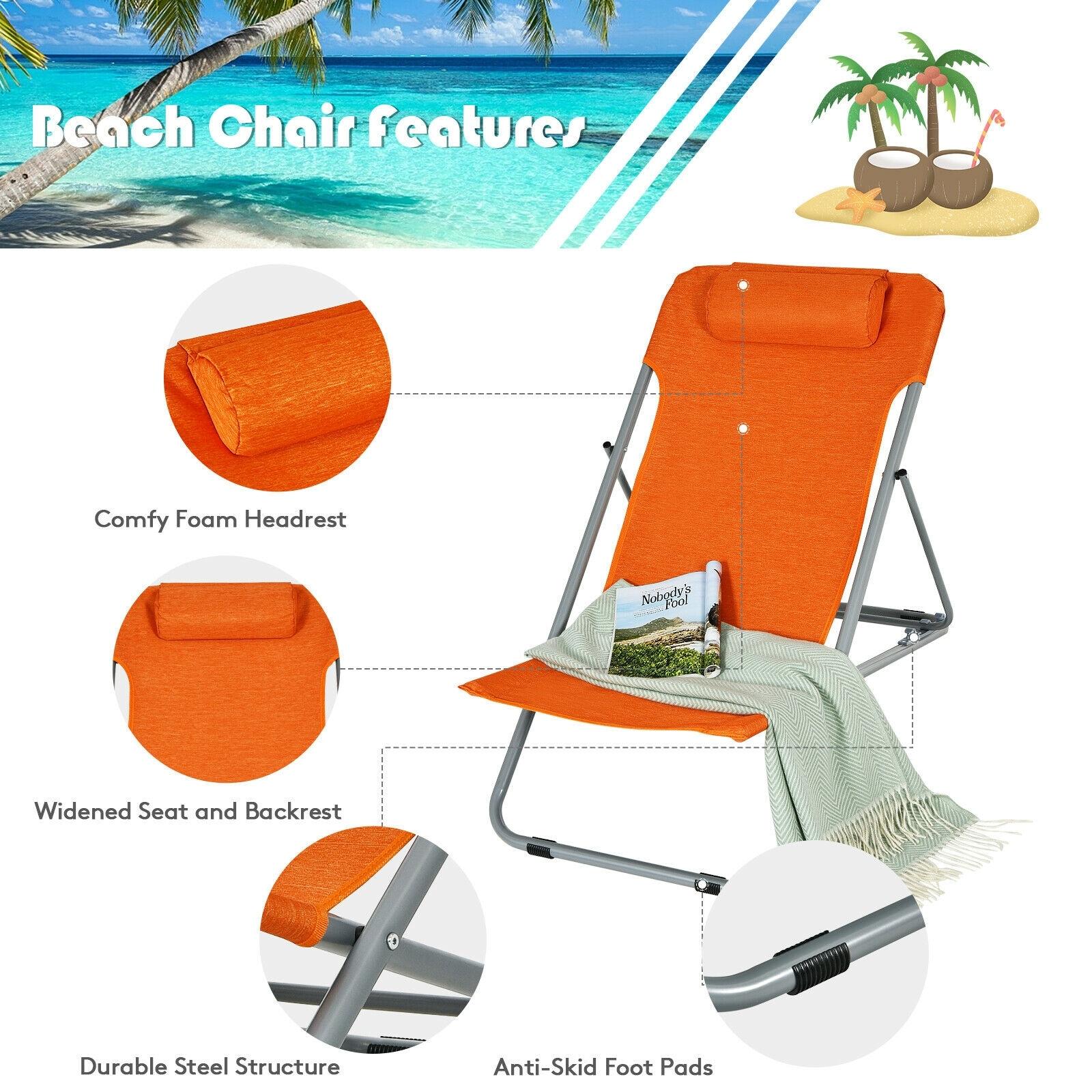 Tangkula 2 PCS Beach Chair Lounger Reclining Folding Chair w/3-Position Adjustable Backrest Orange