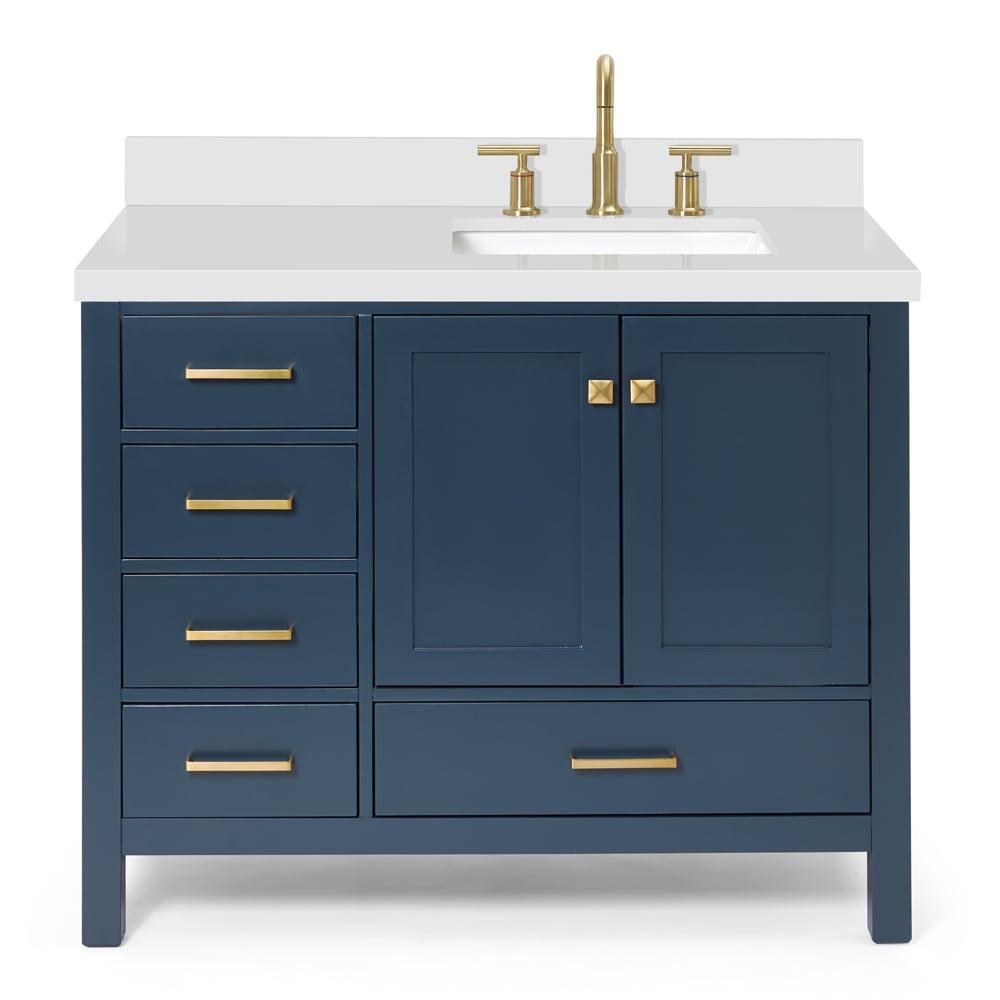 ARIEL Cambridge 43 Inch Midnight Blue Bathroom Vanity with Single Sink, Solid Wood, White Quartz Countertop, 1.5-Inch Edge, Right Rectangular Undermount Sink, 2 Soft Closing Doors, 5 Drawers