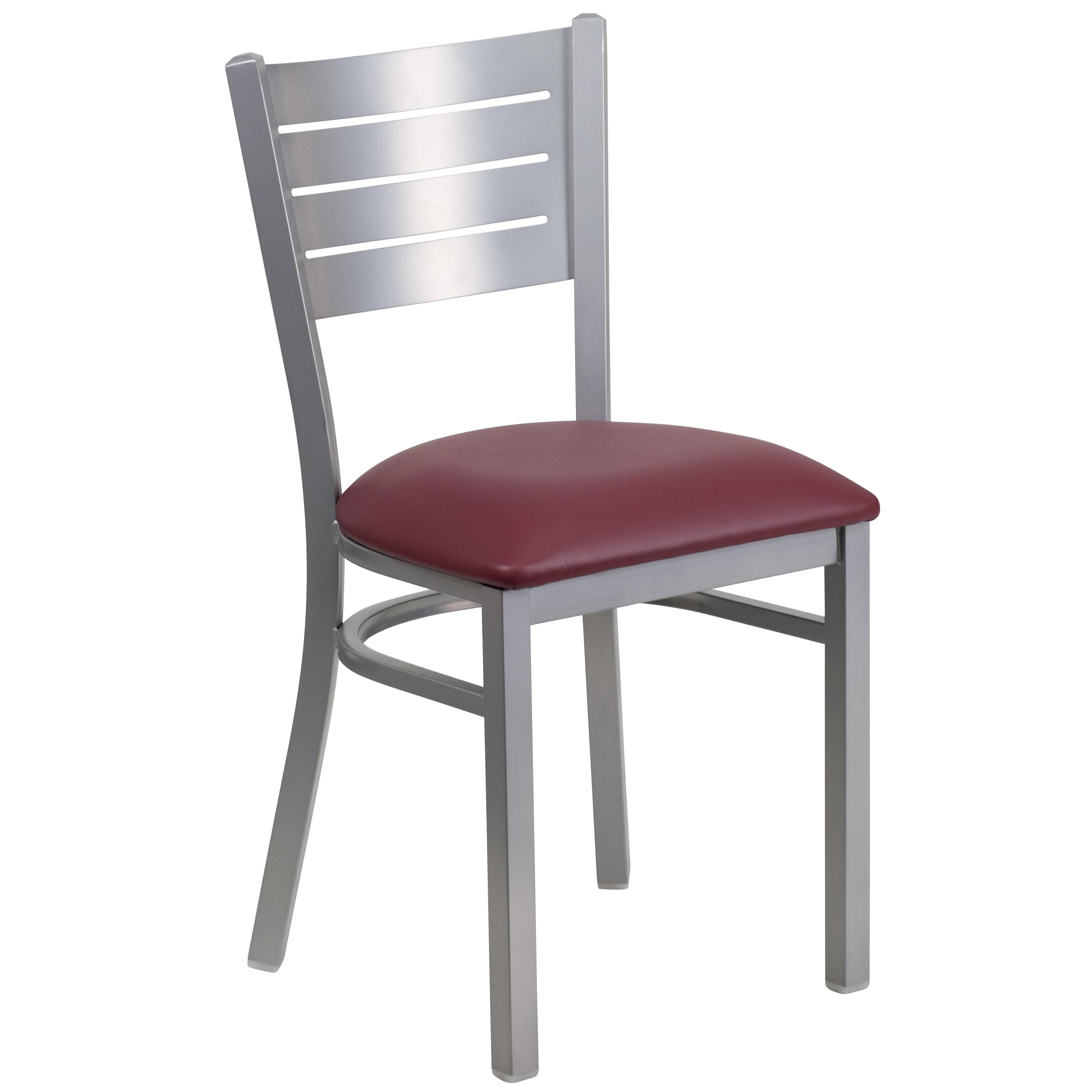 BizChair Silver Slat Back Metal Restaurant Chair - Burgundy Vinyl Seat