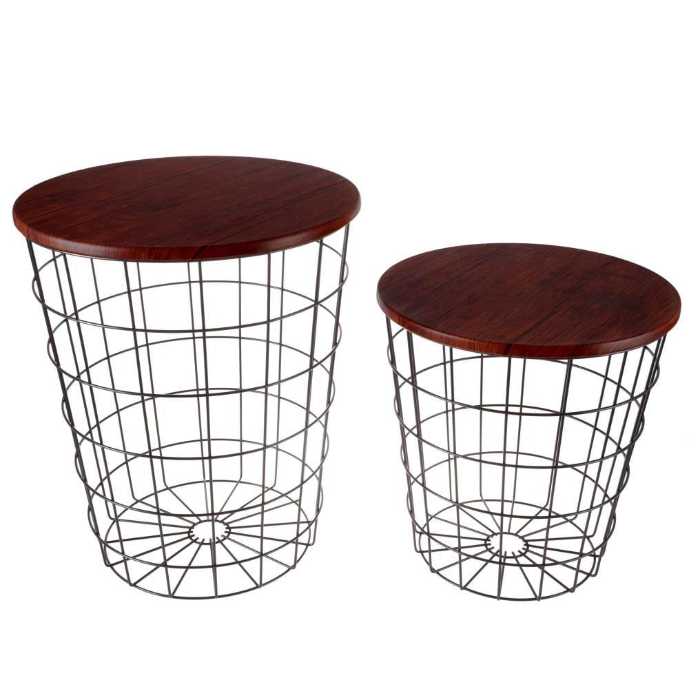 Hastings Home Nesting Tables with Storage Round Metal Basket, Cherry, Set of 2