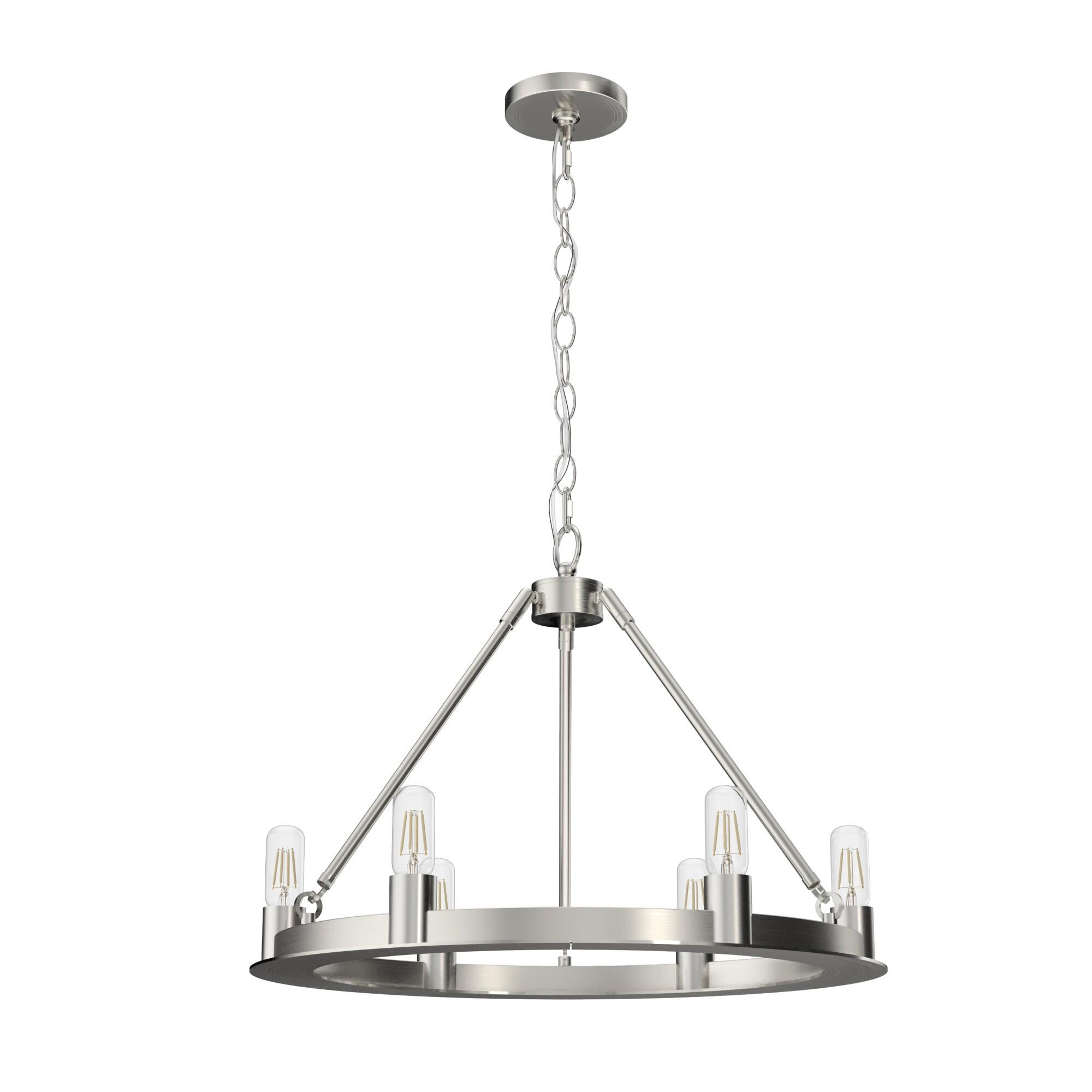 Hunter - Saddlewood 6-light Brushed Nickel, Large Chandelier, Dimmable, Casual Style, Wagon Wheel Shaped, for Bedrooms, Kitchens, Dining, Living Rooms - 19034