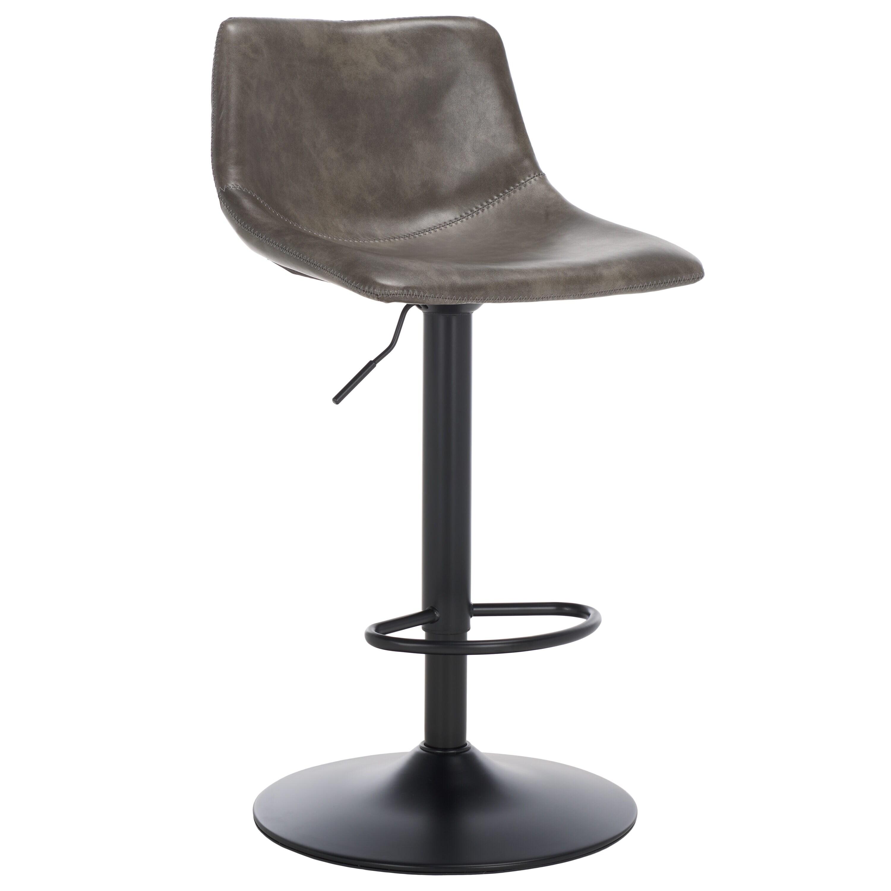 Aelin Adjustable Gray Faux-Leather Swivel Bar Stool with Black Metal Base