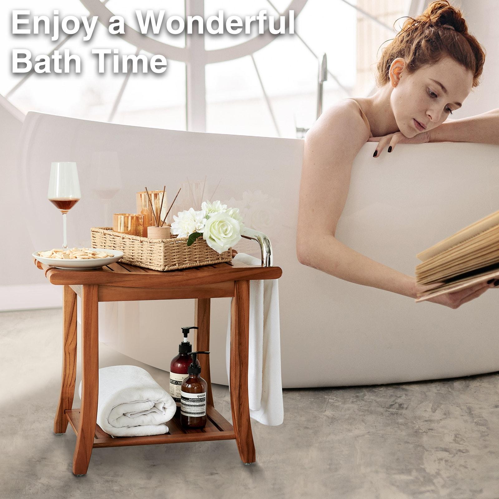 Utopia Alley 20'' Teak Shower Bench with Handle, Large Teak Shower Stool for Bathroom, Waterproof Bathroom Bench - Teak Shower Stool