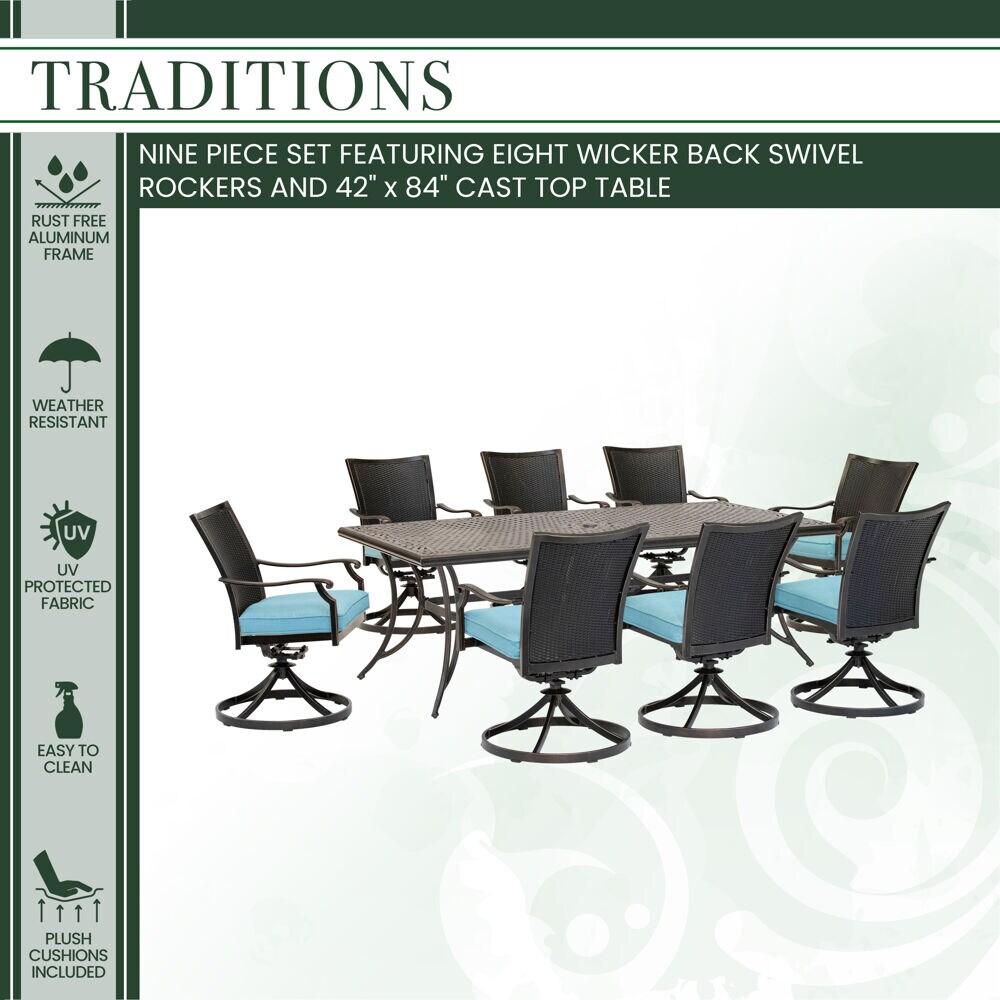 Hanover Traditions 9-Piece Aluminum Outdoor Dining Set, Blue