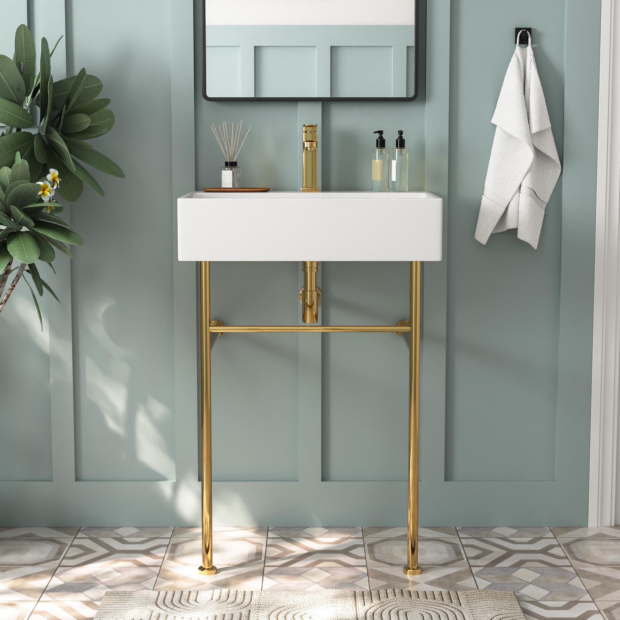 Ceramic White Rectangular Single Faucet Hole 24 in Console Bathroom Sink with Overflow