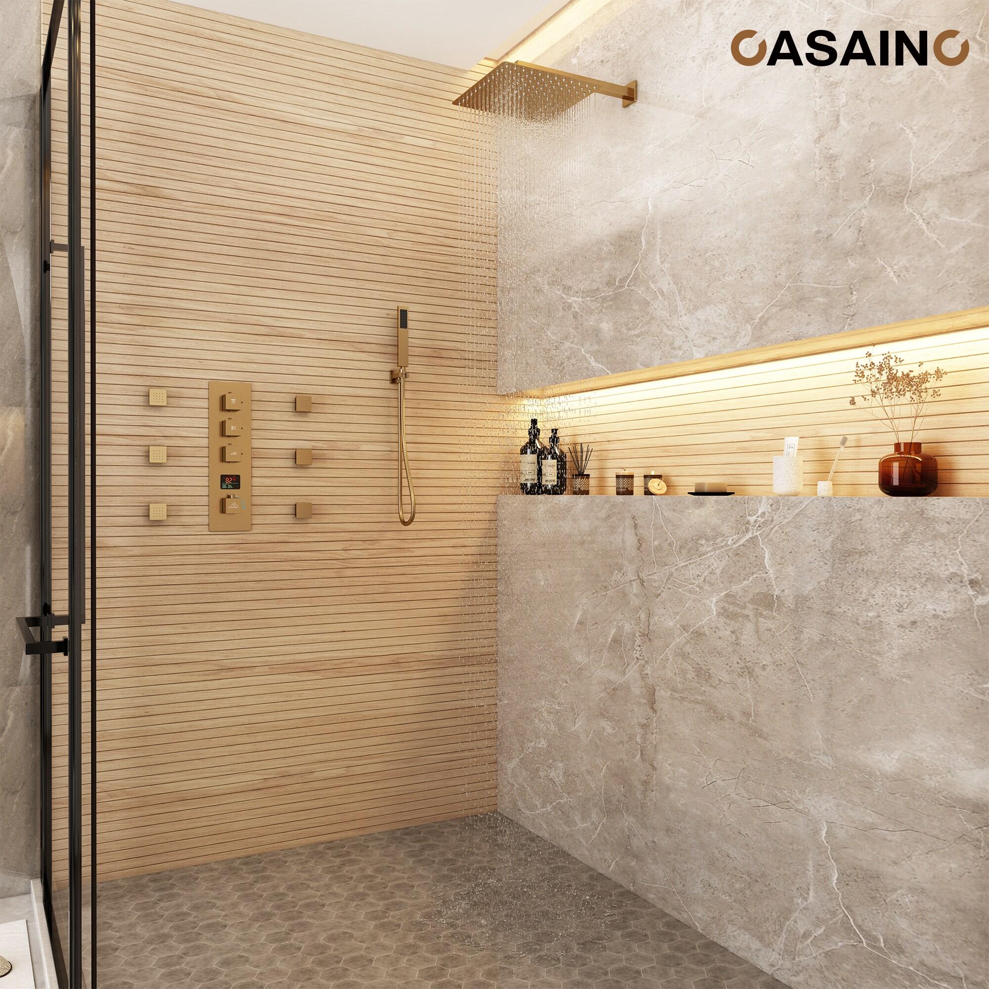 CASAINC KCHS0017-12BG 12 Inch Rainfall Thermostatic Shower System with Body Spray and Temperature Display