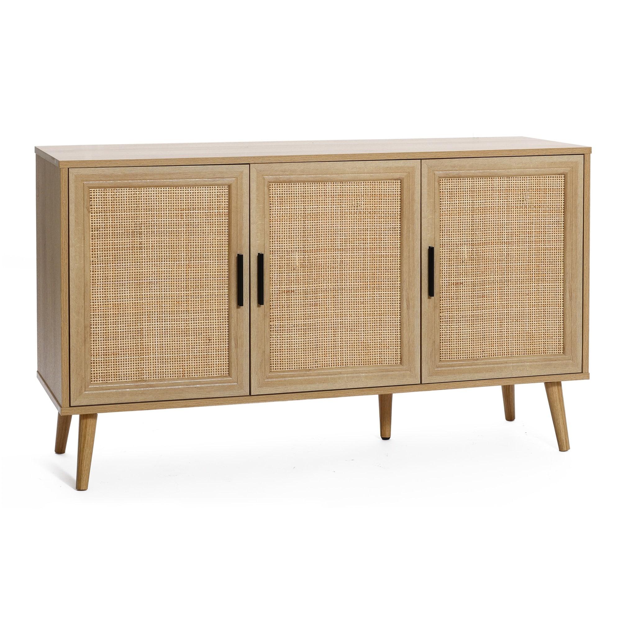 LuxenHome Rattan Buffet Cabinet with Storage, 47" Light Oak Finish Wood Accent Sideboard Cabinet with 3-Door, Boho Coffee Bar Console Table