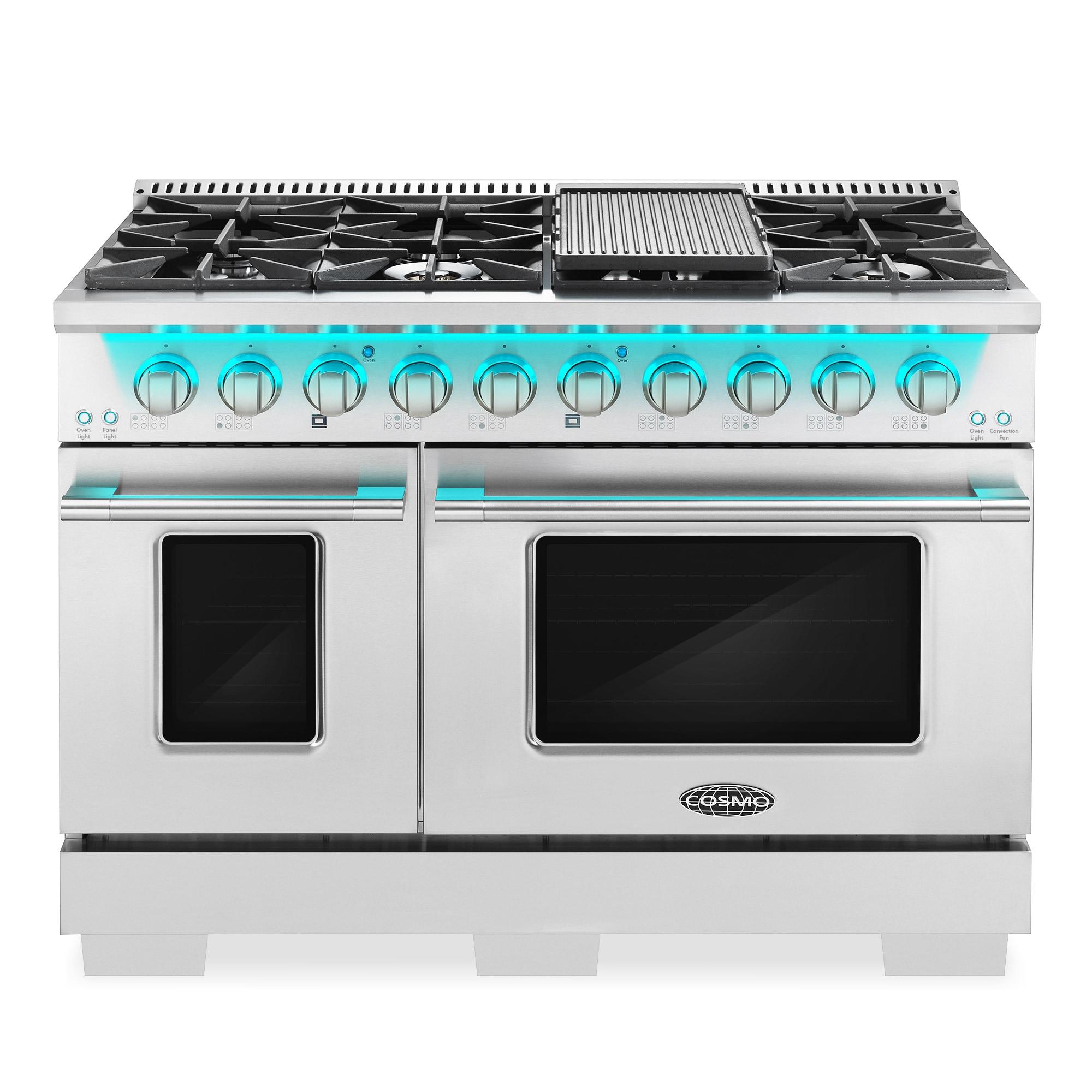 Cosmo 48 in. Vista Collection 5.5 cu. ft. Double Oven Gas Range, 8 Italian Burners, LED Panel, Cast Iron Grates, Stainless Steel