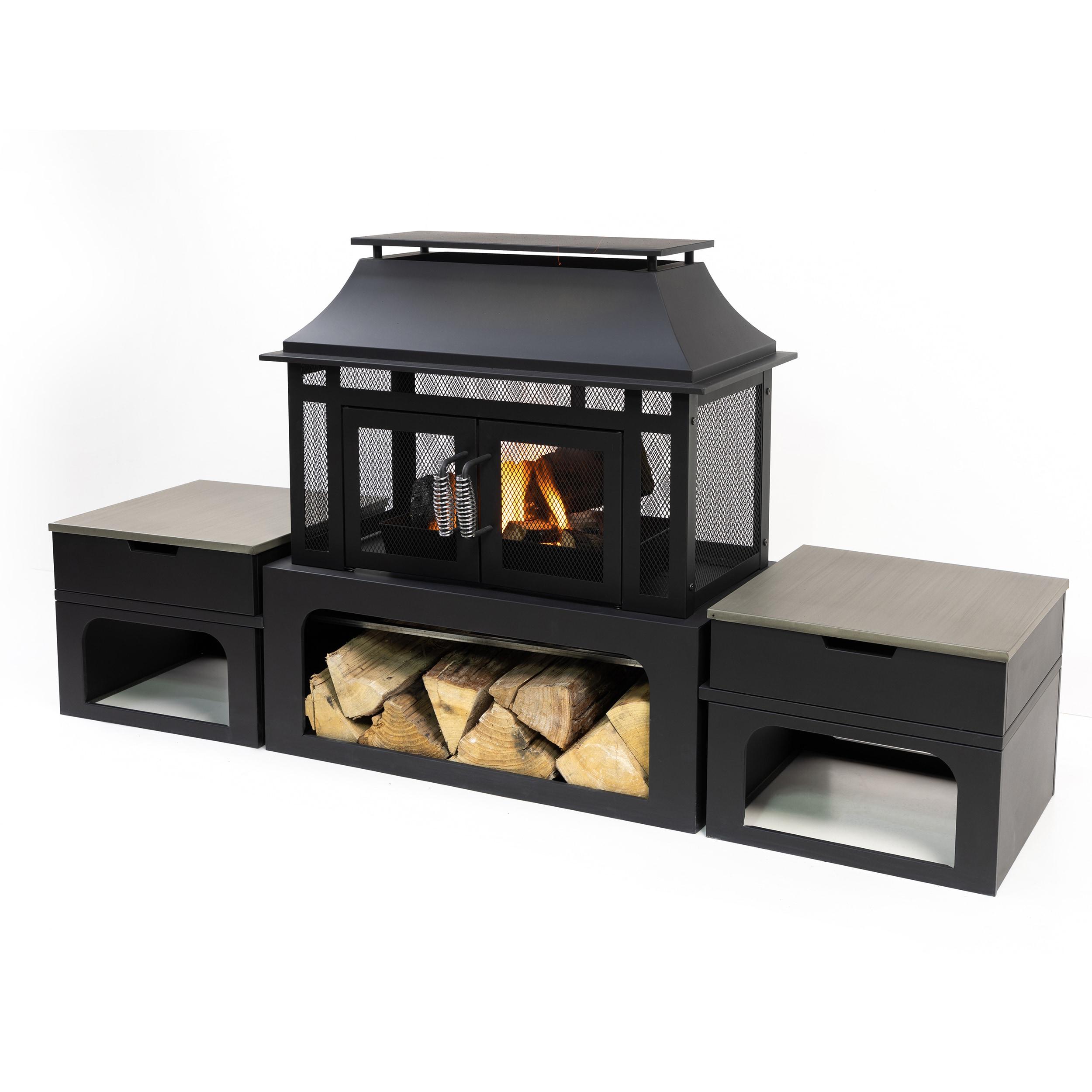 Deko Living Steel Woodburning Fireplace with Log Storage Compartment & Side Tables