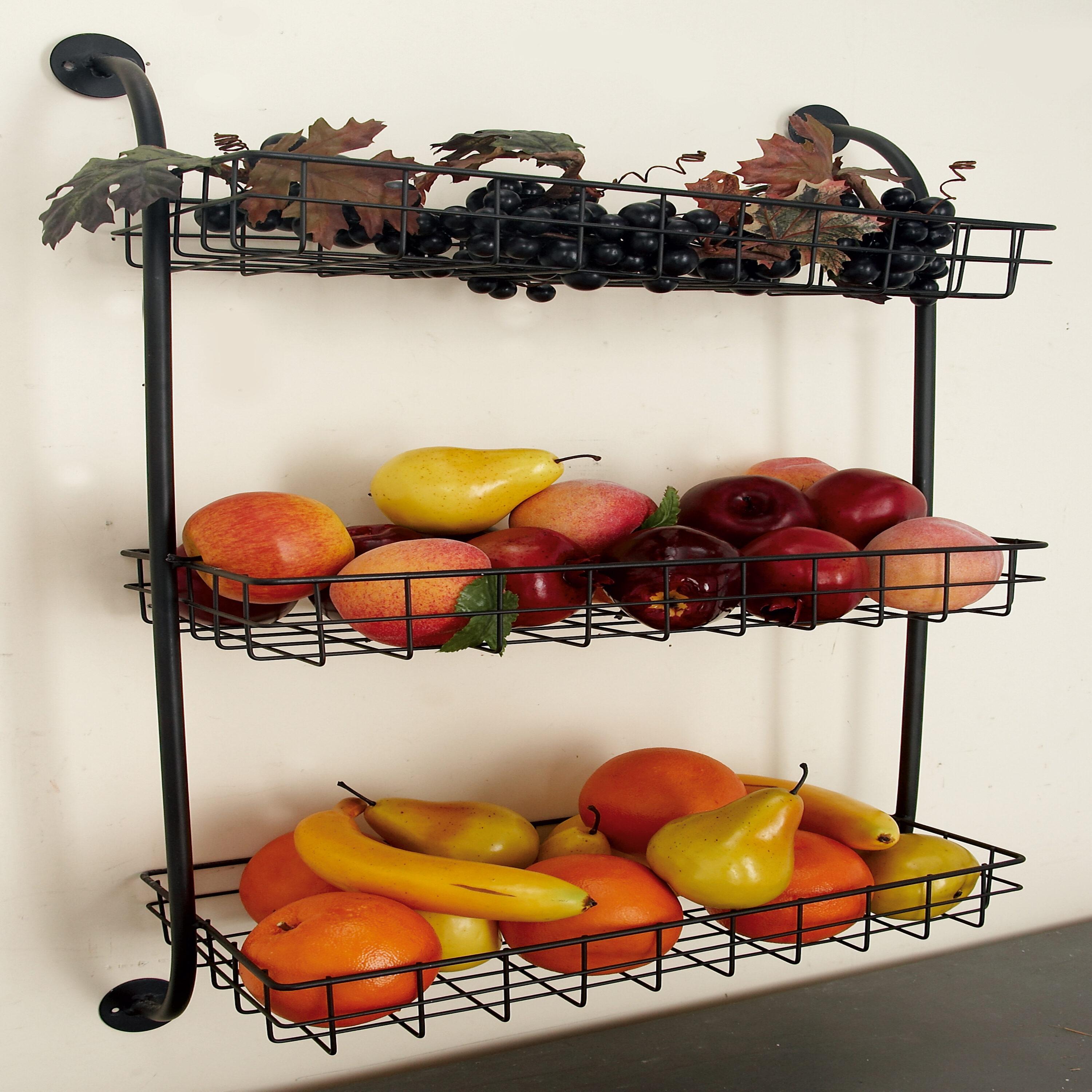 DecMode 21" x 10" 3-Tier Black Wall Shelf with Suspended Baskets